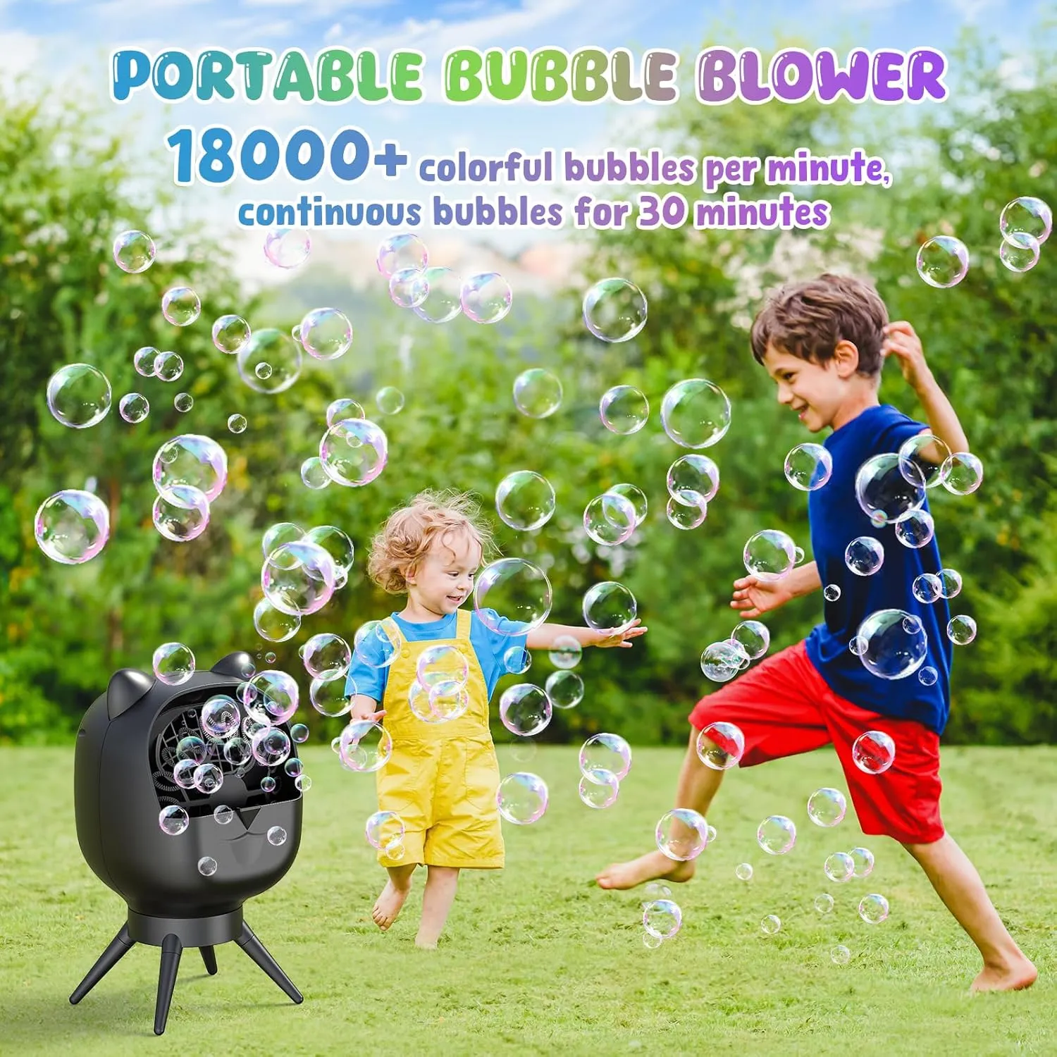 Bubble Machine for Toddlers Kids, 18000  Bubbles/Min Auto-Rotating Rechargeable Portable Bubble Maker for Outdoor/Indoor, Party,Birthday, Wedding (Black)