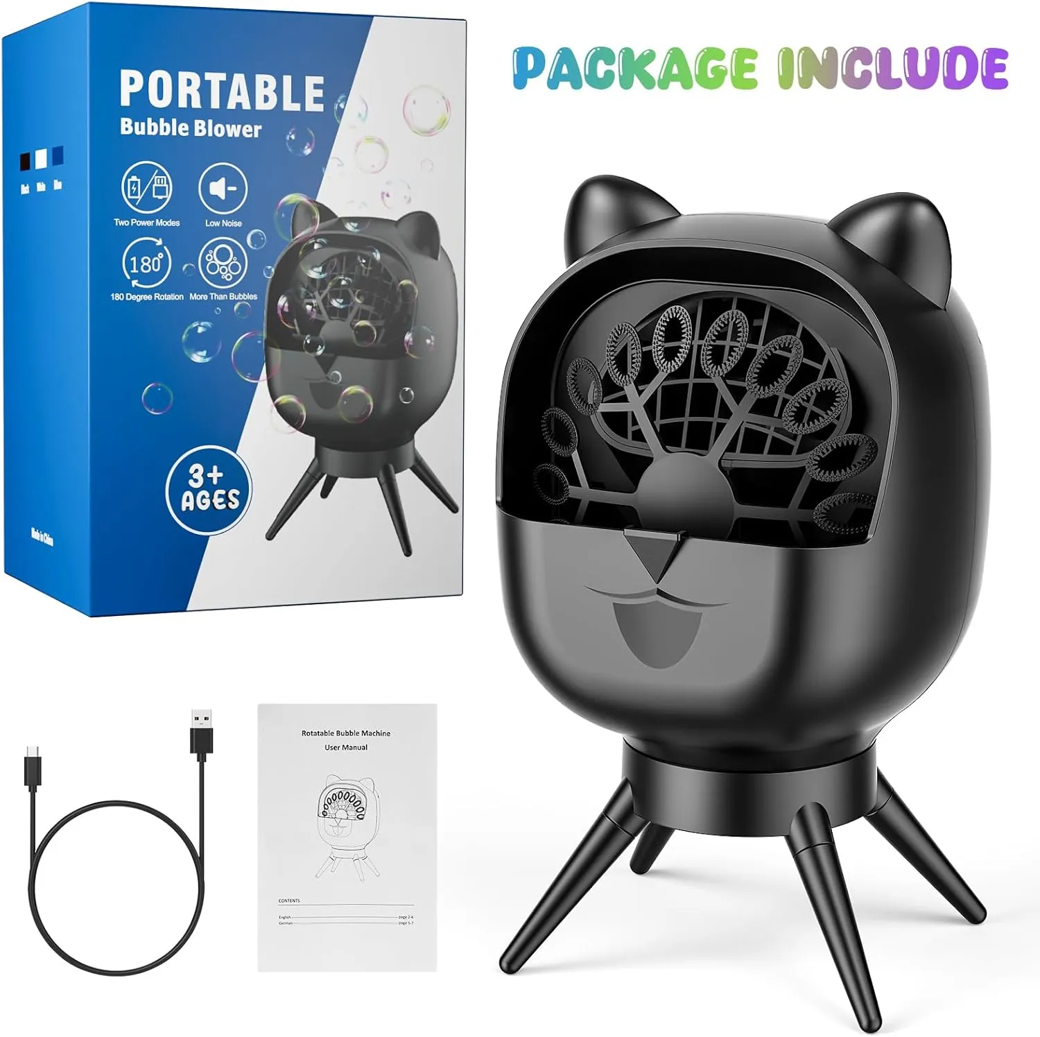 Bubble Machine for Toddlers Kids, 18000  Bubbles/Min Auto-Rotating Rechargeable Portable Bubble Maker for Outdoor/Indoor, Party,Birthday, Wedding (Black)