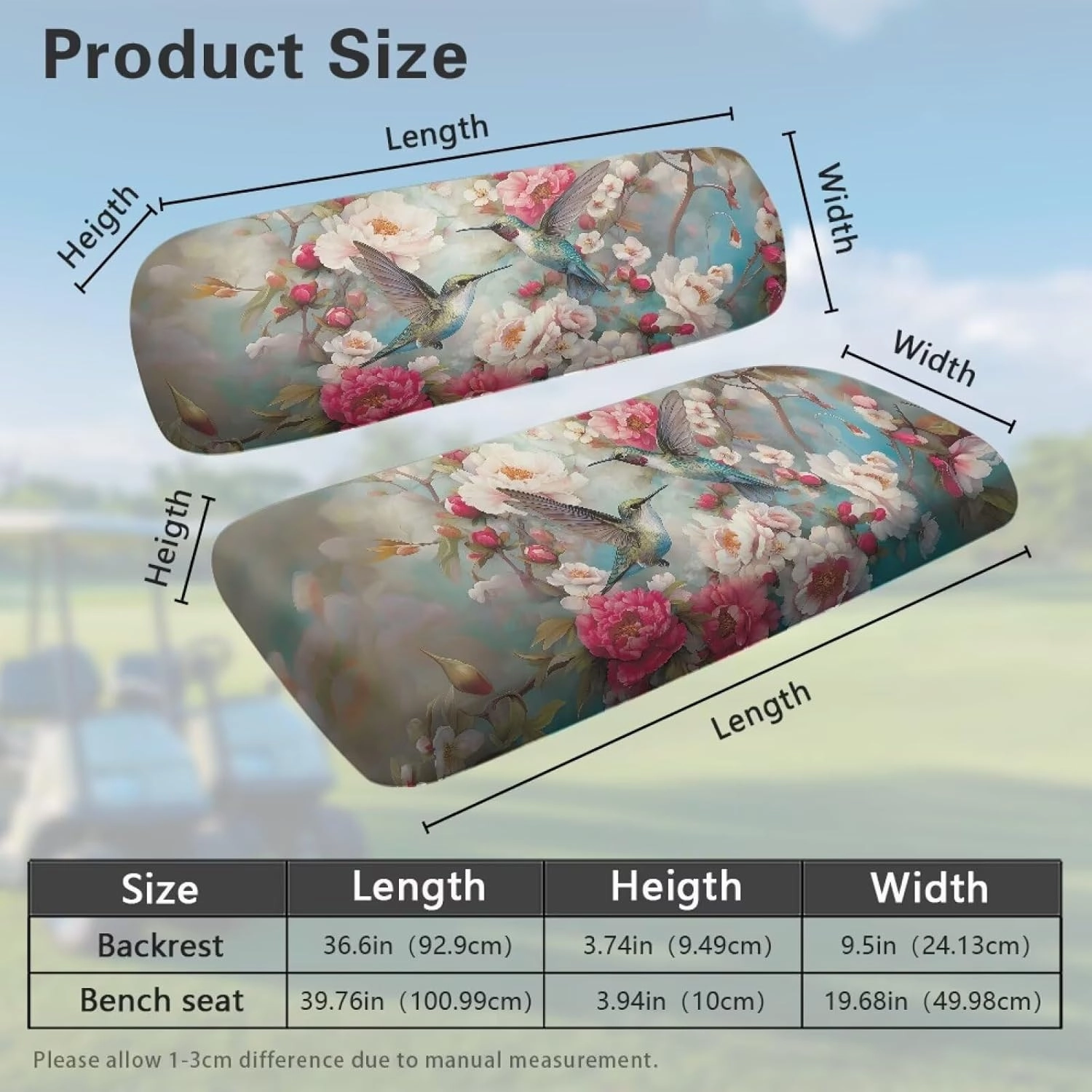 Bulopur Floral Hummingbird Golf Cart Seat Dust Cover for Bench and Backrest 2 Piece Universal Golf Car Seat Cushion Cover, Suitable for All Weather