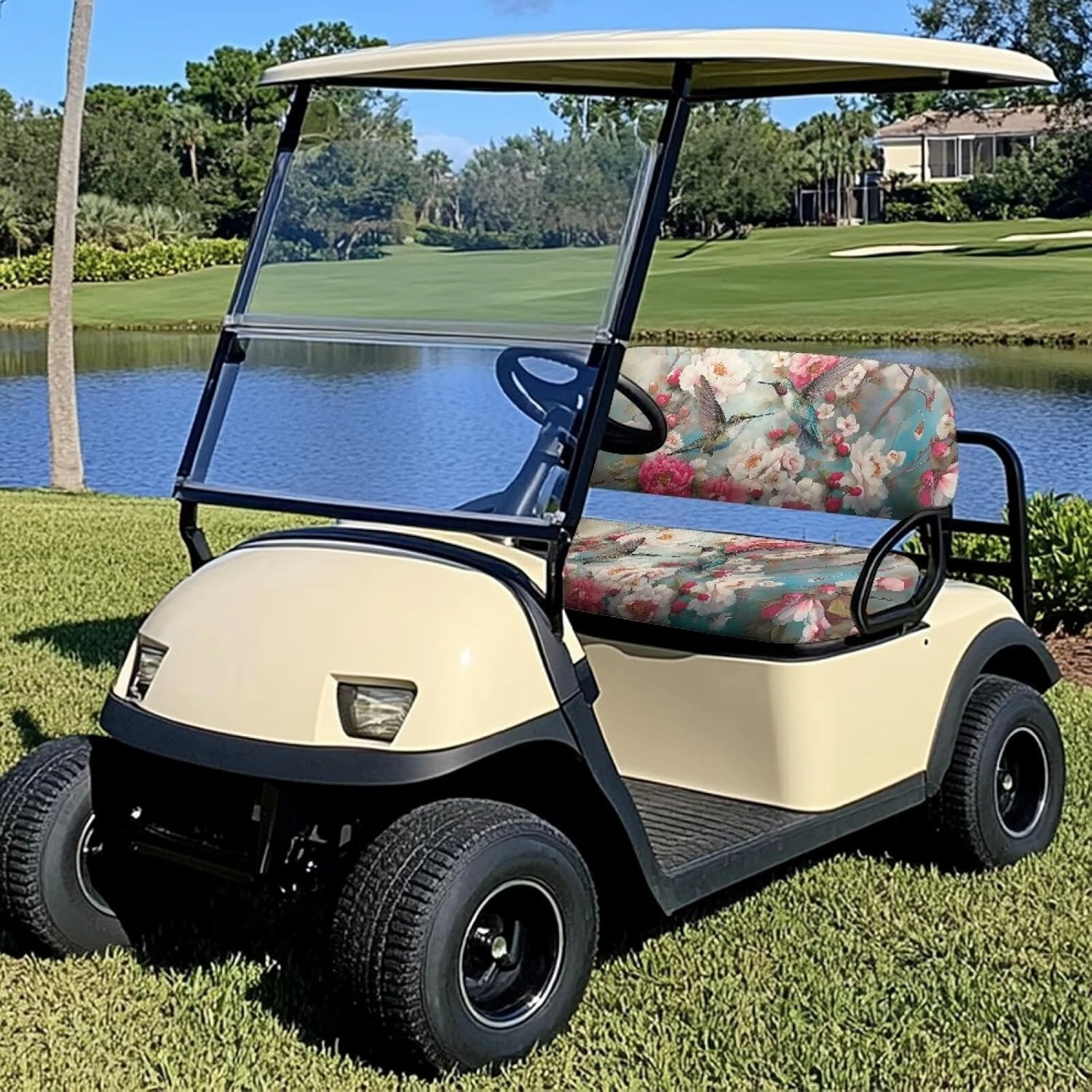 Bulopur Floral Hummingbird Golf Cart Seat Dust Cover for Bench and Backrest 2 Piece Universal Golf Car Seat Cushion Cover, Suitable for All Weather