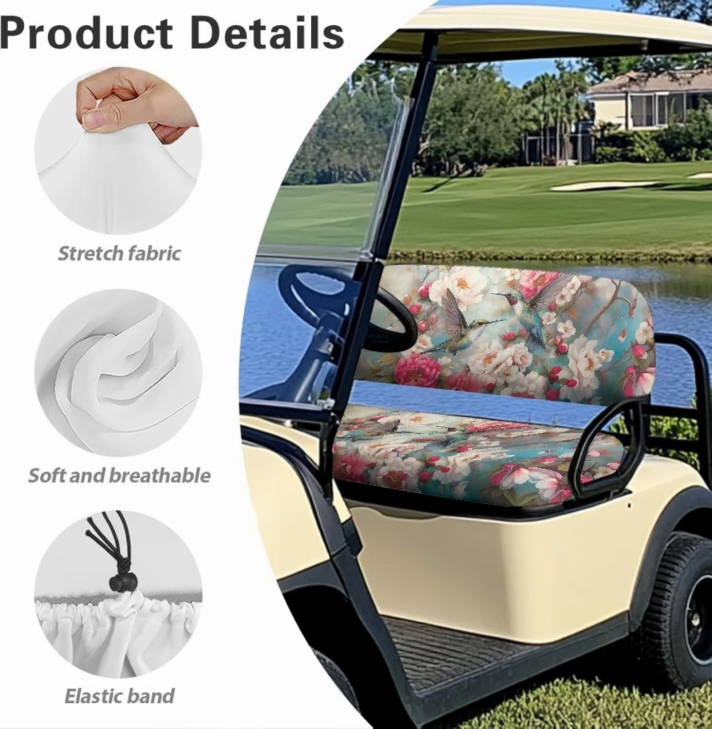Bulopur Floral Hummingbird Golf Cart Seat Dust Cover for Bench and Backrest 2 Piece Universal Golf Car Seat Cushion Cover, Suitable for All Weather