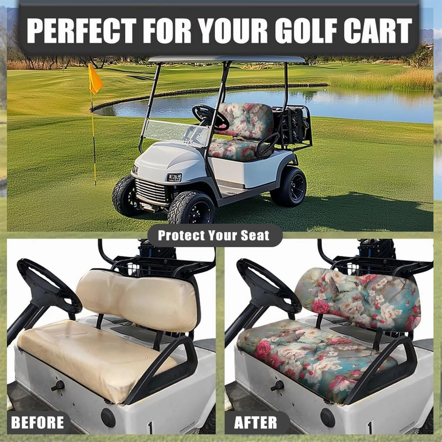 Bulopur Floral Hummingbird Golf Cart Seat Dust Cover for Bench and Backrest 2 Piece Universal Golf Car Seat Cushion Cover, Suitable for All Weather