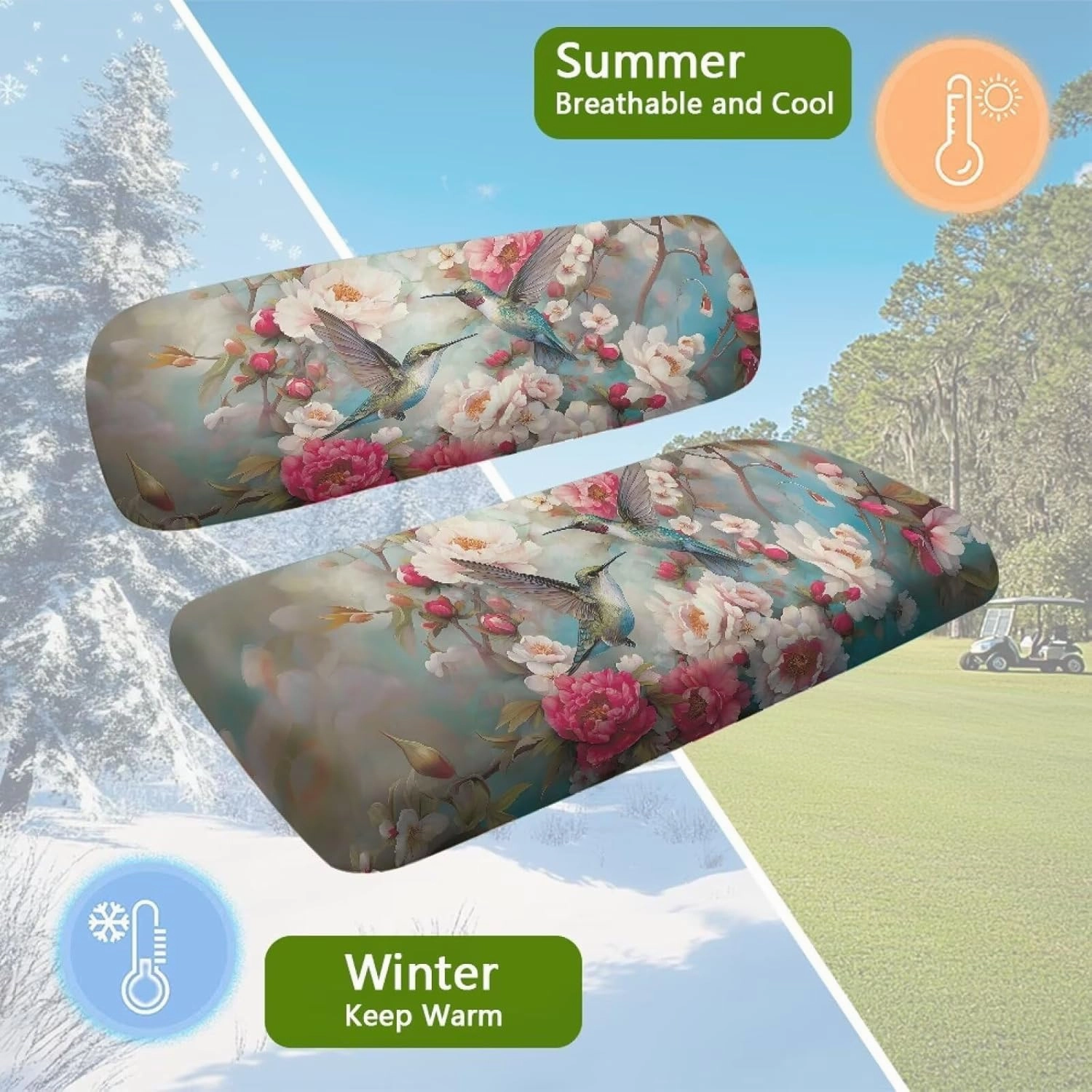 Bulopur Floral Hummingbird Golf Cart Seat Dust Cover for Bench and Backrest 2 Piece Universal Golf Car Seat Cushion Cover, Suitable for All Weather