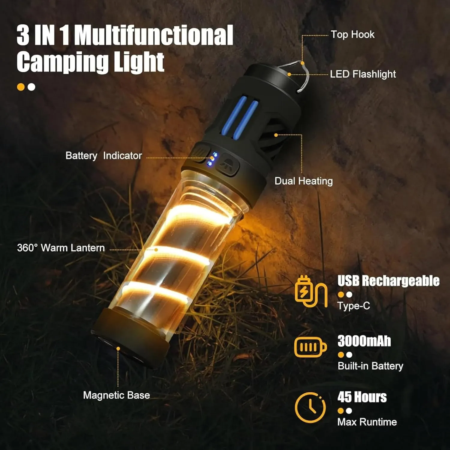 Buzz Defense Portable, Waterproof Rechargeable Camping Lantern, 3000 MAh USB-C Rechargeable Waterproof Outdoor Light for Outdoor, Camping, Picnic Use (A 2Pcs)
