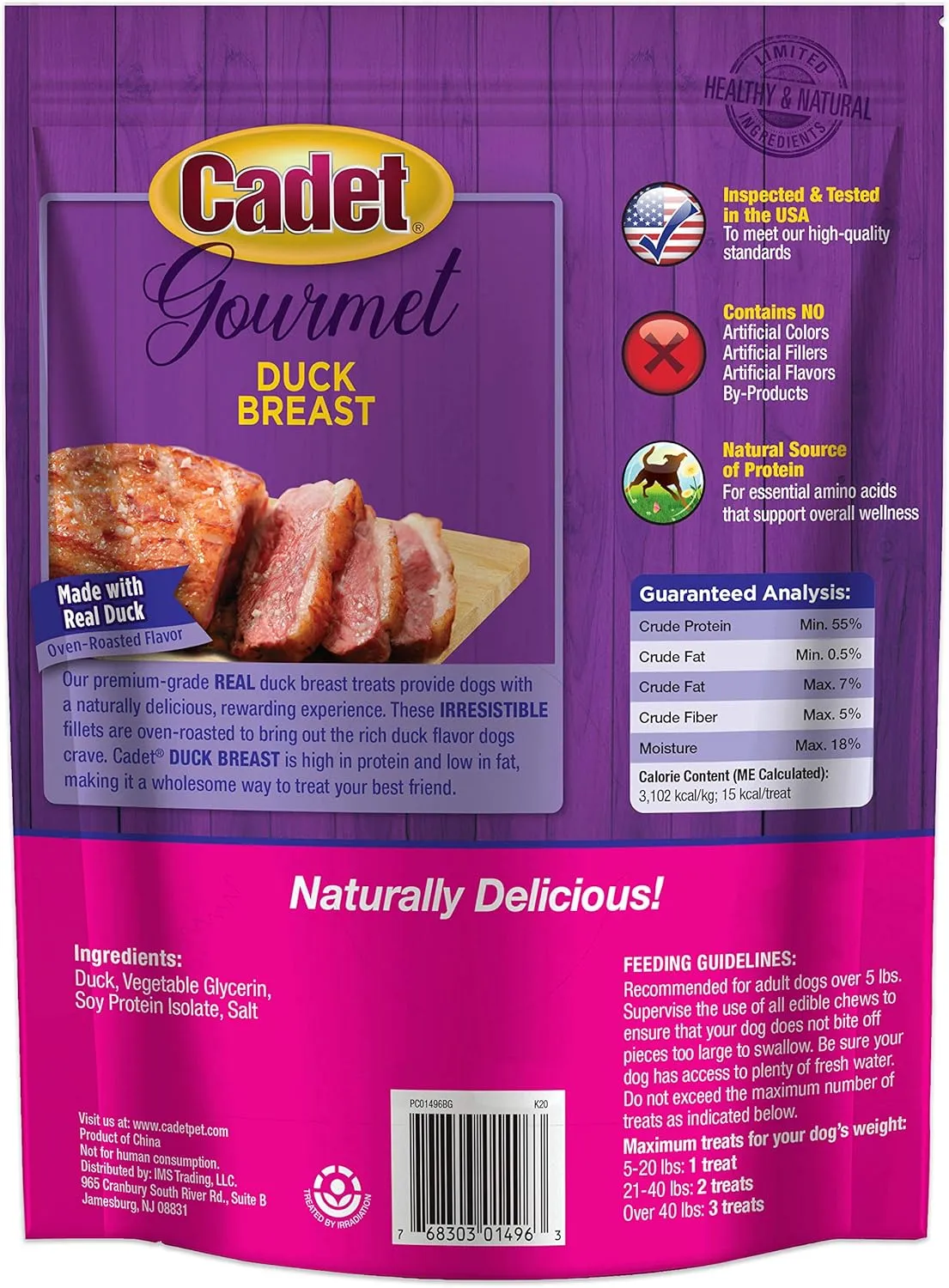 Cadet Gourmet Duck Breast Jerky Dog Treats, Healthy, Long-Lasting High-Protein Training Treats for Small & Large Dogs, 40 oz.