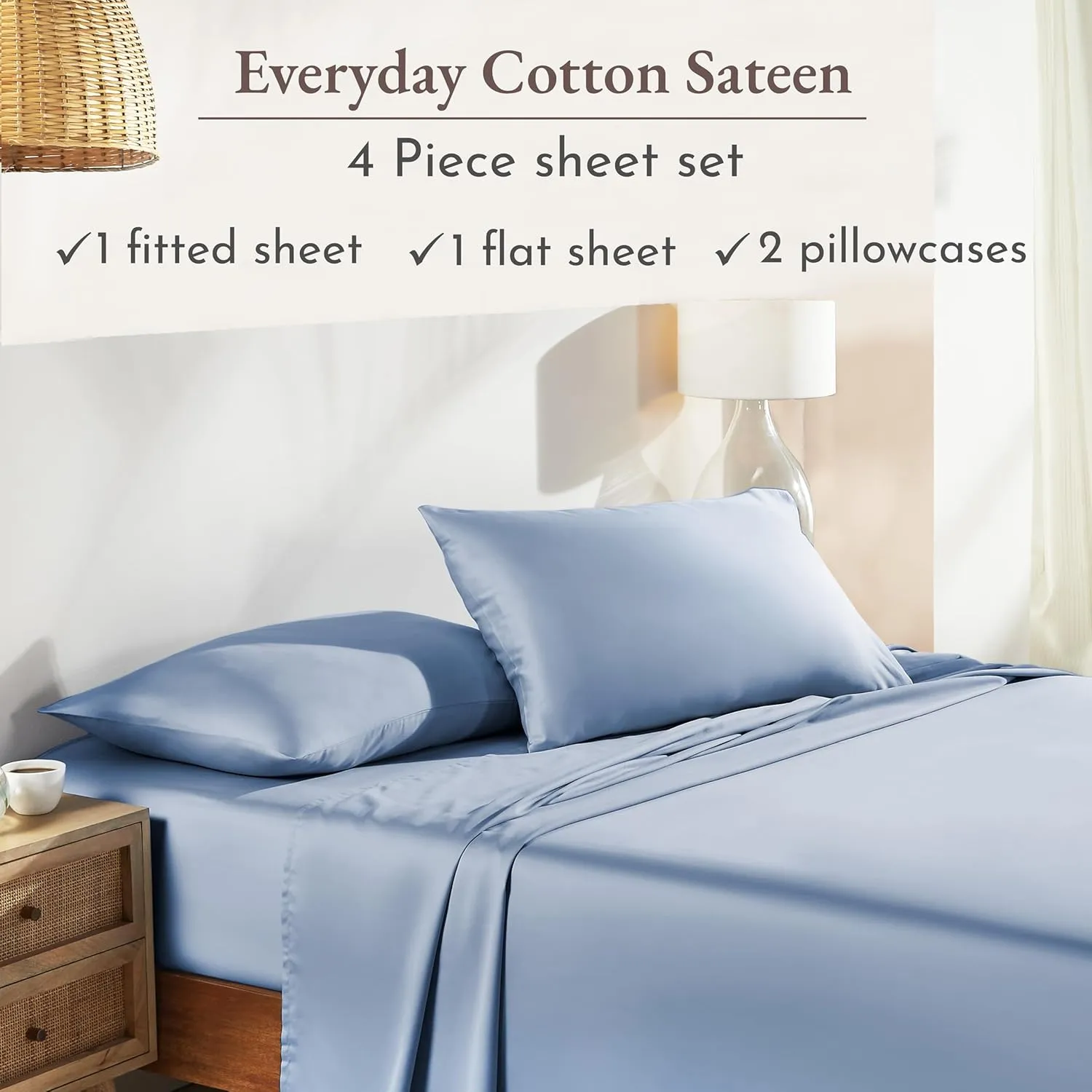 California Design Den King Size Sheets Set - Natural 100% Cotton Sheets King Size with Deep Pockets, Soft Sateen Weave, Breathable, Cooling and Durable Bedding Set (Blue Hydrangea)