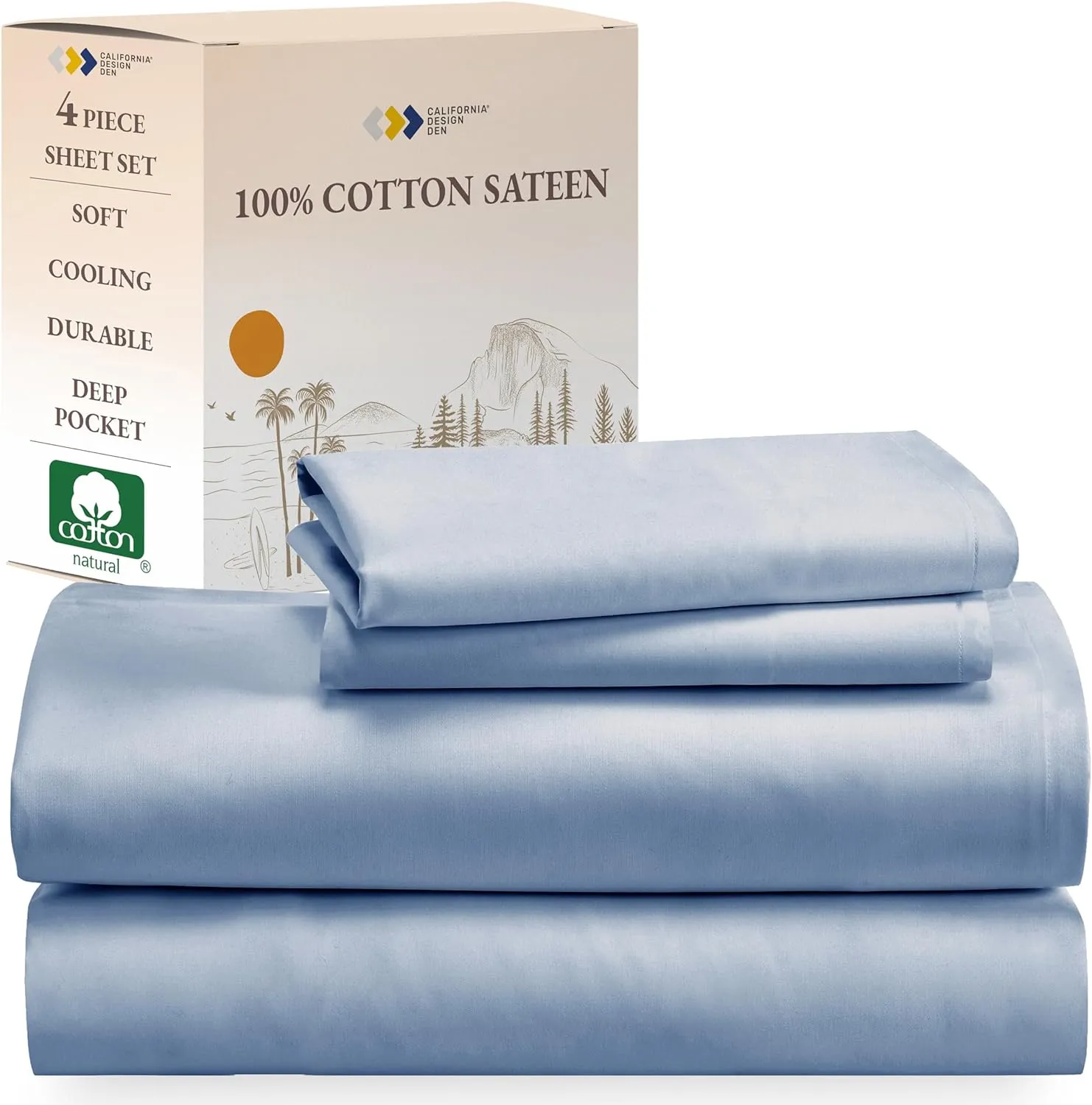 California Design Den King Size Sheets Set - Natural 100% Cotton Sheets King Size with Deep Pockets, Soft Sateen Weave, Breathable, Cooling and Durable Bedding Set (Blue Hydrangea)