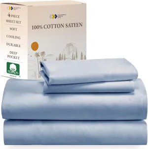 California Design Den King Size Sheets Set - Natural 100% Cotton Sheets King Size with Deep Pockets, Soft Sateen Weave, Breathable, Cooling and Durable Bedding Set (Blue Hydrangea)