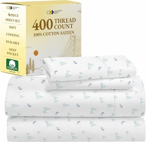 California Design Den Queen Sheet Set - 400 Thread Count Sateen, Natural 100% Cotton Sheets Queen Size Bed, Deep Pocket Cooling and Durable Bedding - Lodge Camp