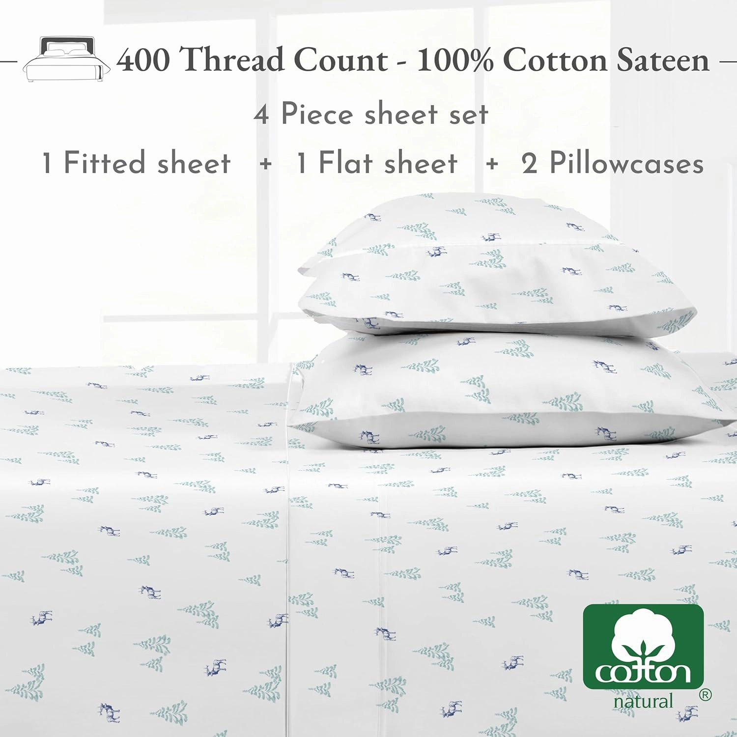 California Design Den Queen Sheet Set - 400 Thread Count Sateen, Natural 100% Cotton Sheets Queen Size Bed, Deep Pocket Cooling and Durable Bedding - Lodge Camp
