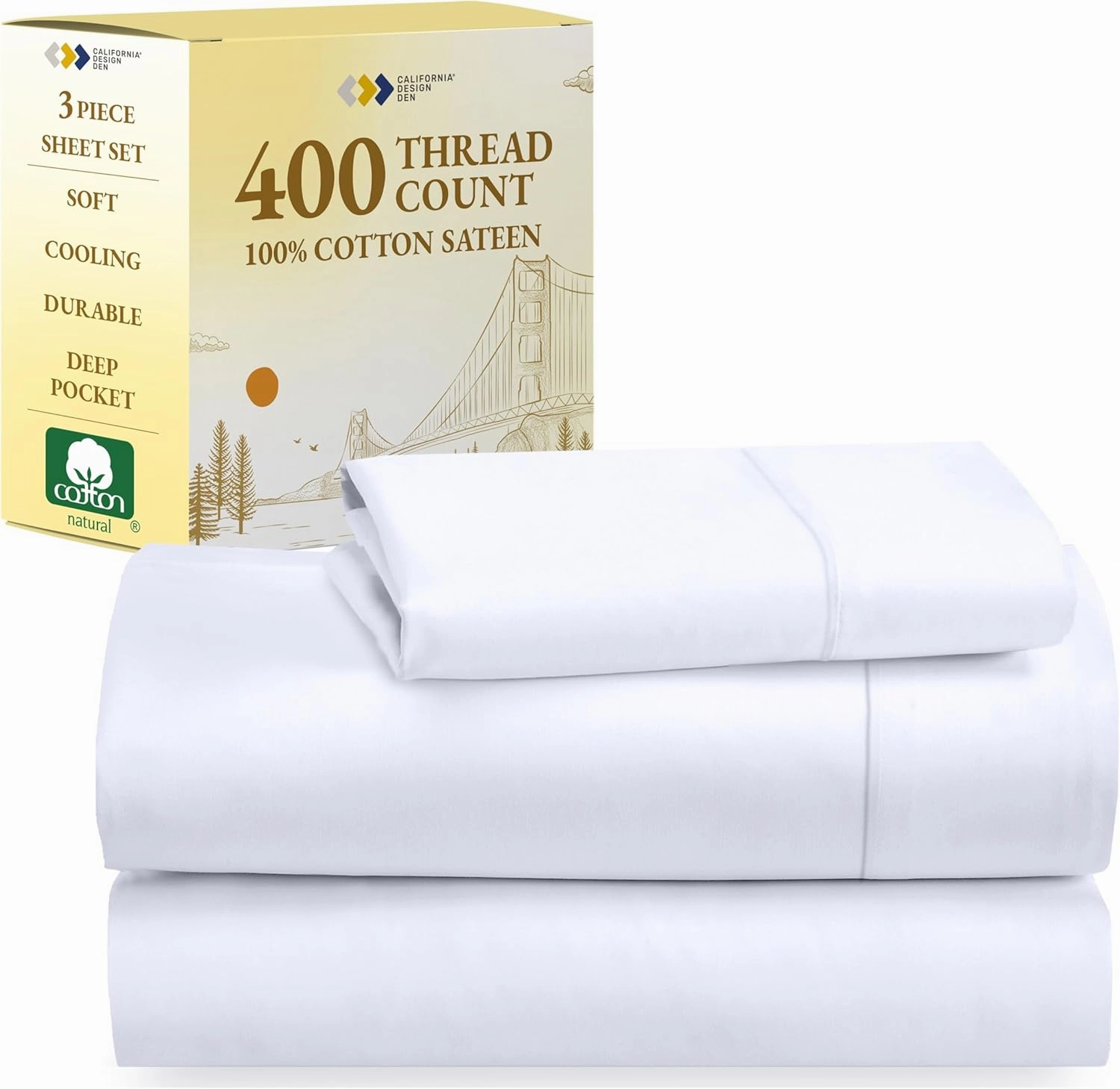 California Design Den Twin Sheets Set - Soft 400 Thread Count Sateen, Natural 100% Cotton Sheets, Deep Pockets with All Around Elastic for a Snug Fit, Cool & Durable Bedding Set - White