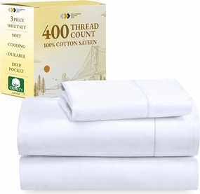 California Design Den Twin Sheets Set - Soft 400 Thread Count Sateen, Natural 100% Cotton Sheets, Deep Pockets with All Around Elastic for a Snug Fit, Cool & Durable Bedding Set - White