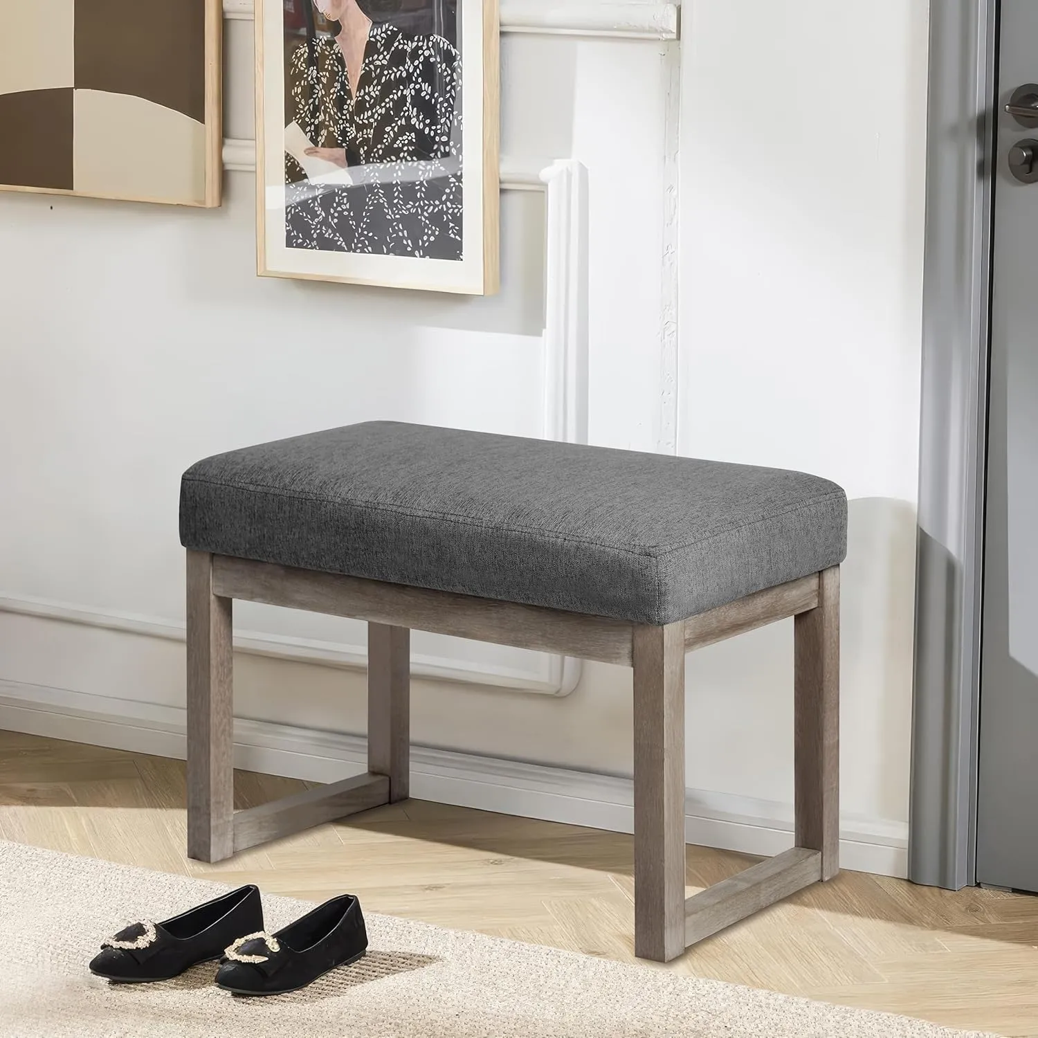 CangLong 27 Inch Wide Rectangle Ottoman Bench Grey Footstool, Linen Look Polyester Fabric for Living Room, Bedroom, Grey