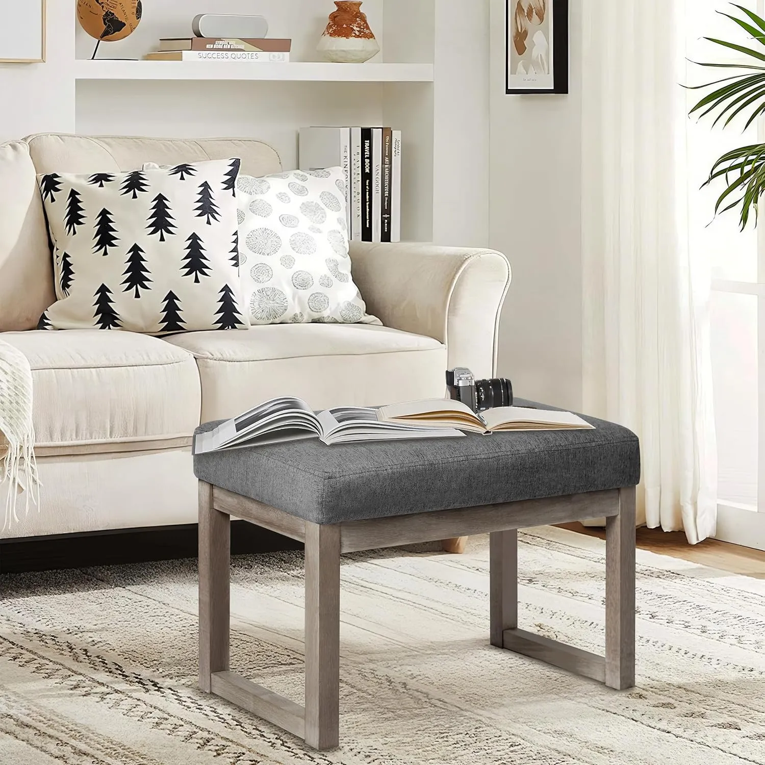 CangLong 27 Inch Wide Rectangle Ottoman Bench Grey Footstool, Linen Look Polyester Fabric for Living Room, Bedroom, Grey