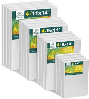 Canvas for Painting for Adults & Kids 16 Pack with 11x14, 9 x12, 8x10, 5x7 (4 of Each), Blank Primed Stretched Canvases for Oil, Acrylic & Other Painting Media