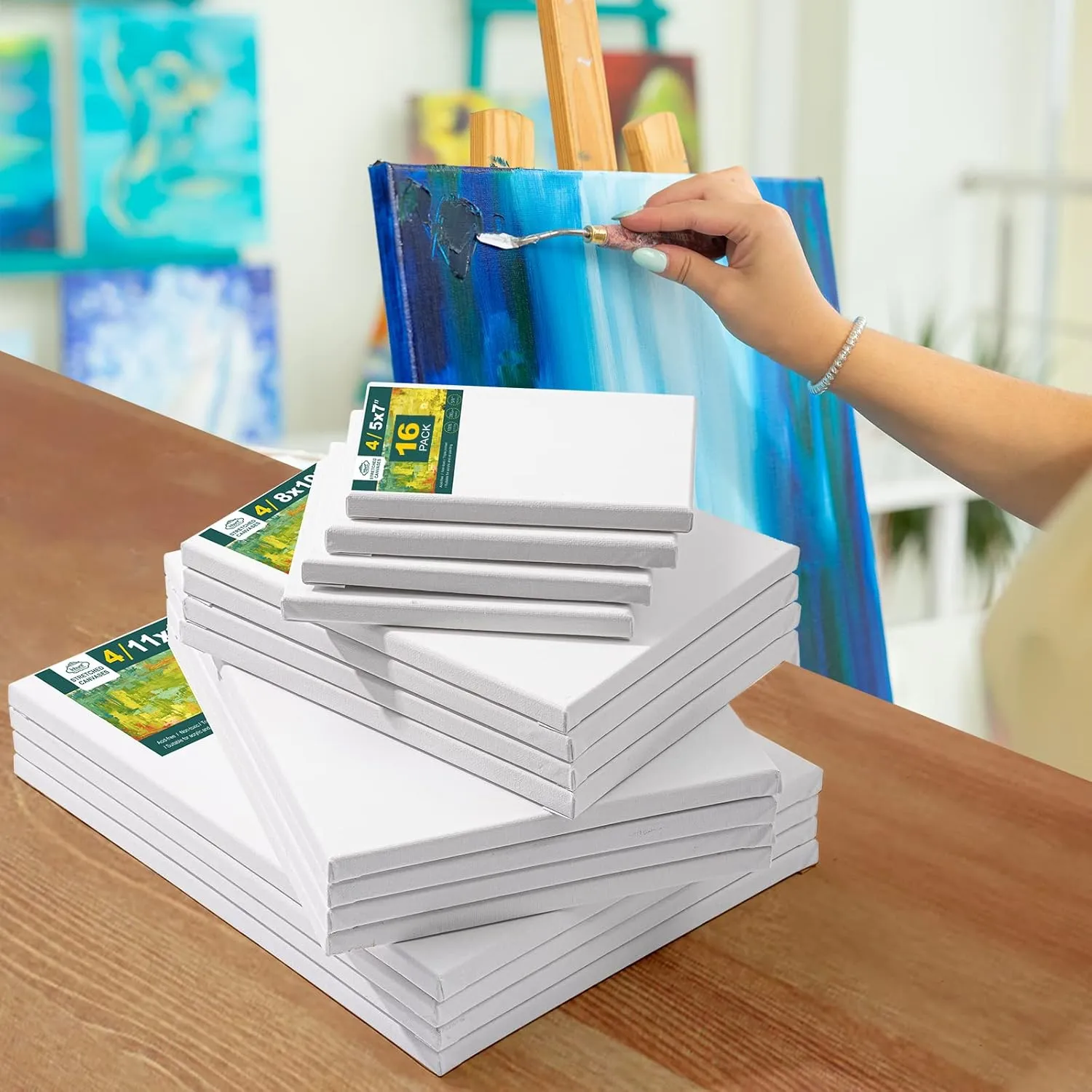 Canvas for Painting for Adults & Kids 16 Pack with 11x14, 9 x12, 8x10, 5x7 (4 of Each), Blank Primed Stretched Canvases for Oil, Acrylic & Other Painting Media