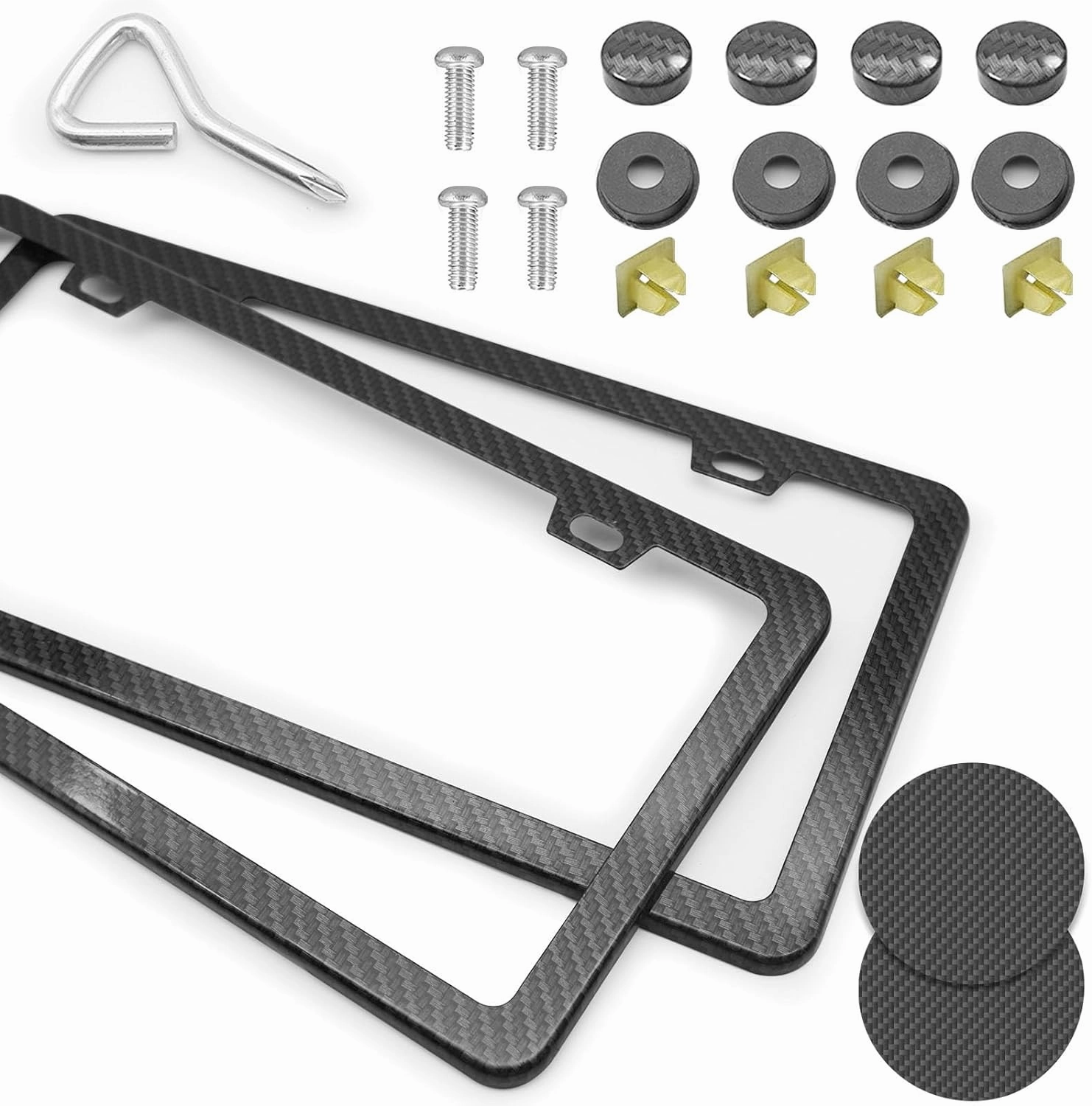 Carbon Fiber License Plate Frames Black, 2 Pack Car Plate Frame with Coasters Front and Rear Slim Thin Rust-Proof Universal Car Tag Holder