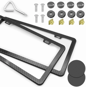Carbon Fiber License Plate Frames Black, 2 Pack Car Plate Frame with Coasters Front and Rear Slim Thin Rust-Proof Universal Car Tag Holder
