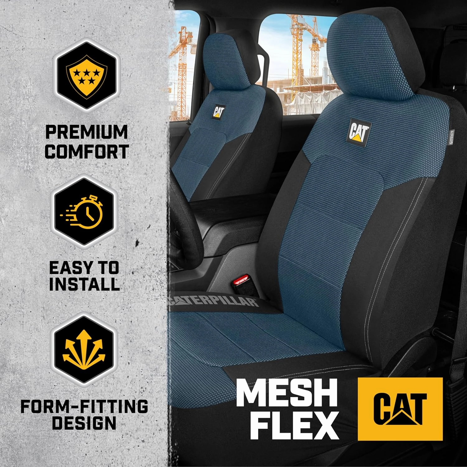 CAT Blue & Black Seat Covers for Cars, Trucks, & SUV - Set of (2) MeshFlex Car Seat Cover Front Seat Protectors - Airbag Compatible Seat Covers for SUV Interior Covers & Seat Cover Accessories