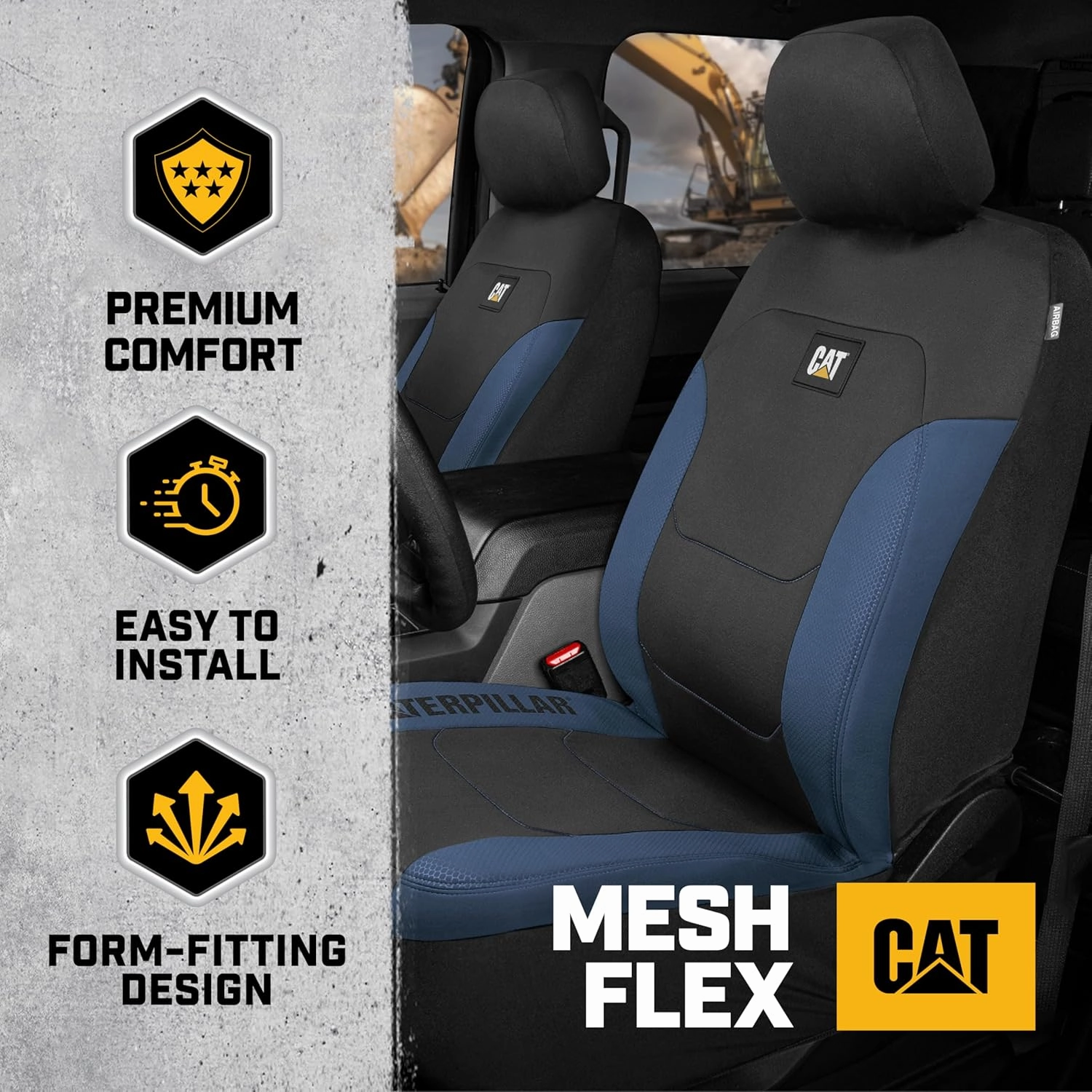 Cat Flexfit Black Blue Seat Covers for Cars, Trucks, & SUV - (2) Front Car Seat Cover Front Seat Protectors - Airbag Compatible Seat Covers for SUV Interior Covers & Truck Seat Cover Car Accessories