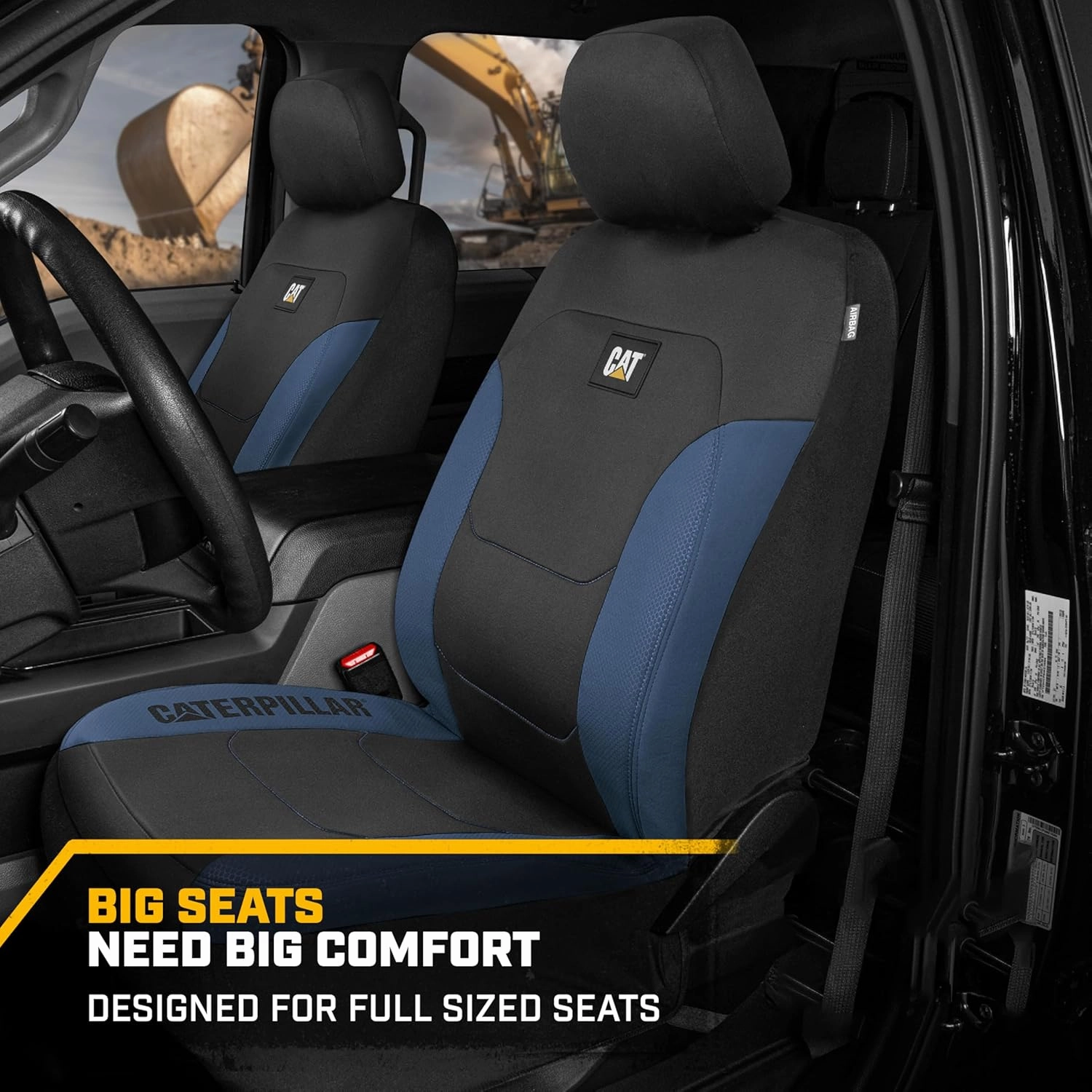 Cat Flexfit Black Blue Seat Covers for Cars, Trucks, & SUV - (2) Front Car Seat Cover Front Seat Protectors - Airbag Compatible Seat Covers for SUV Interior Covers & Truck Seat Cover Car Accessories