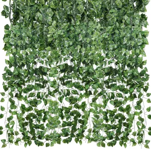 CEWOR 48 Pack 7 Feet Artificial Ivy Garlands, Fake Vines Greenery Hanging Plants Green Leaves Backdrop for Room Bedroom Wall Decor, Jungle Themed Party Wedding Decorations