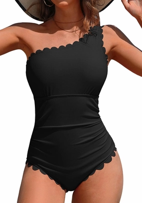 Charmo One Shoulder One Piece Swimsuit Women Ribbed Scalloped Bathing Suit Cutout 1 Piece Slimming Full Coverage Swim Suit