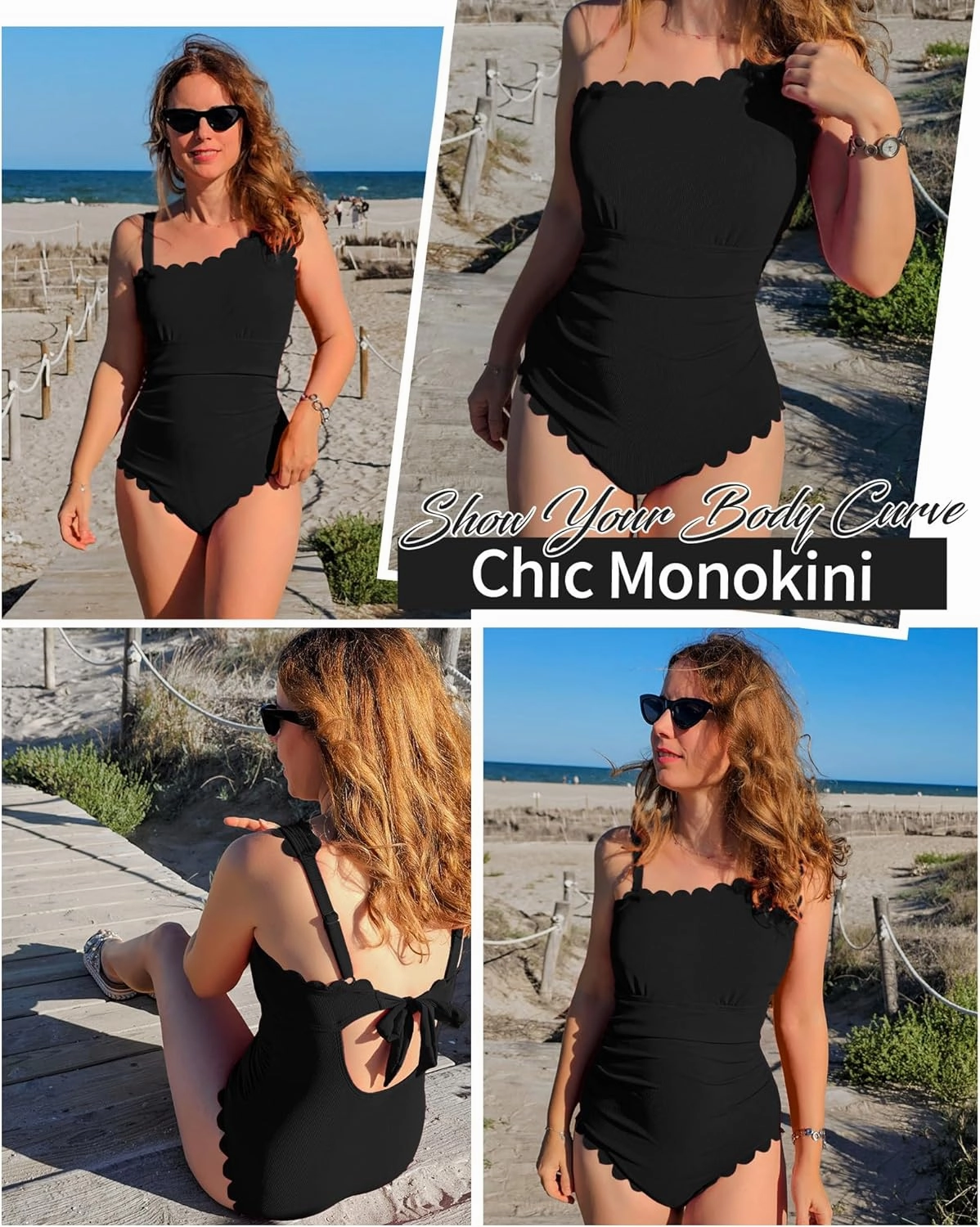 Charmo One Shoulder One Piece Swimsuit Women Ribbed Scalloped Bathing Suit Cutout 1 Piece Slimming Full Coverage Swim Suit