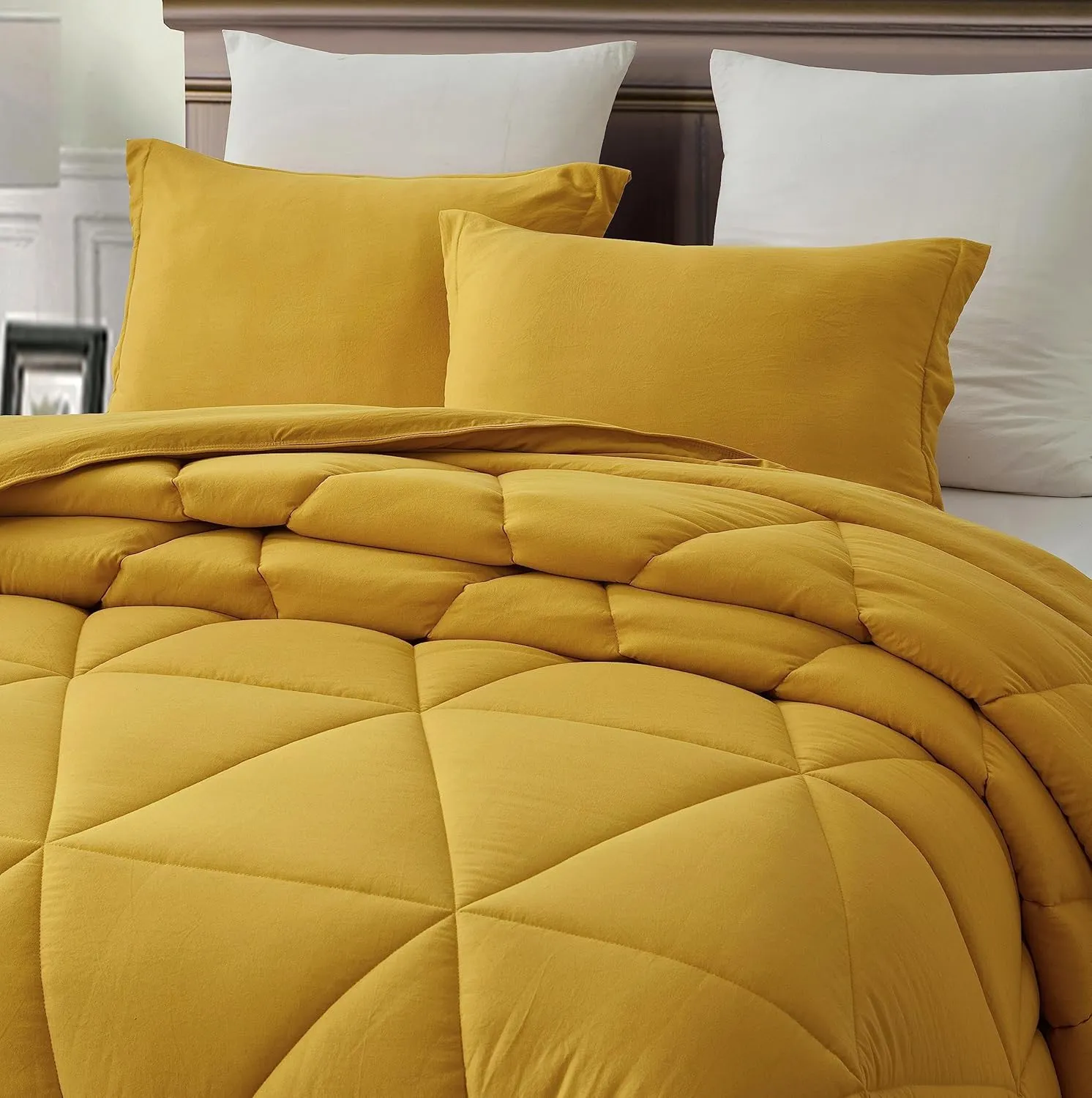 Chezmoi Collection Rory Mustard Yellow Comforter Set Queen Size 3-Piece Fluffy Soft Lightweight Bedding Triangle Quilted Stone-Washed Microfiber Comforter Set for All Season