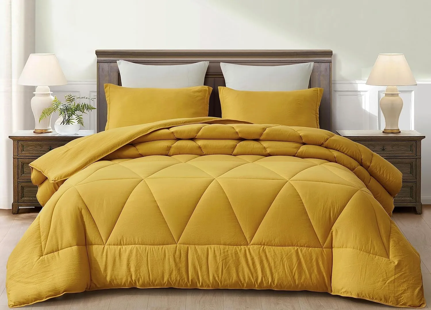 Chezmoi Collection Rory Mustard Yellow Comforter Set Queen Size 3-Piece Fluffy Soft Lightweight Bedding Triangle Quilted Stone-Washed Microfiber Comforter Set for All Season