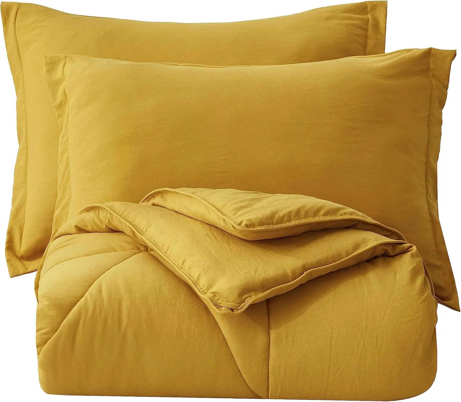 Chezmoi Collection Rory Mustard Yellow Comforter Set Queen Size 3-Piece Fluffy Soft Lightweight Bedding Triangle Quilted Stone-Washed Microfiber Comforter Set for All Season