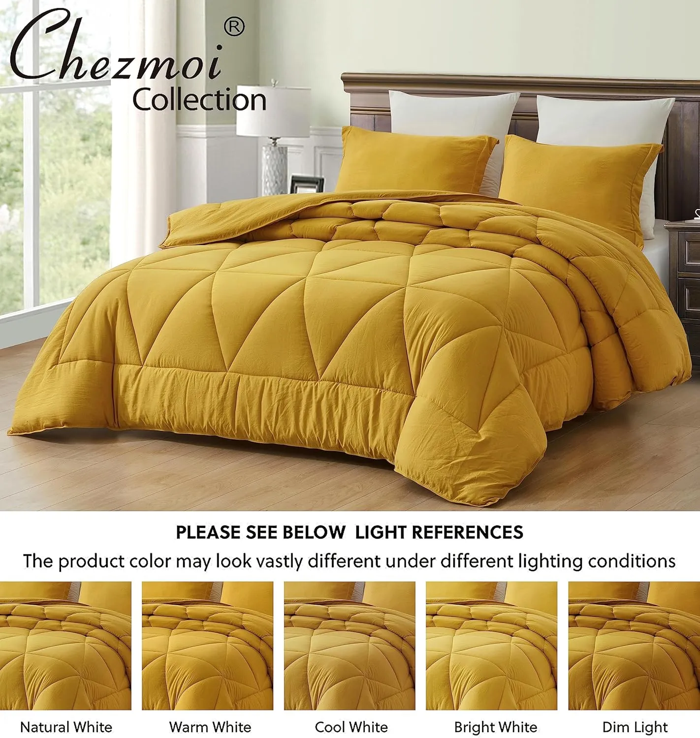 Chezmoi Collection Rory Mustard Yellow Comforter Set Queen Size 3-Piece Fluffy Soft Lightweight Bedding Triangle Quilted Stone-Washed Microfiber Comforter Set for All Season
