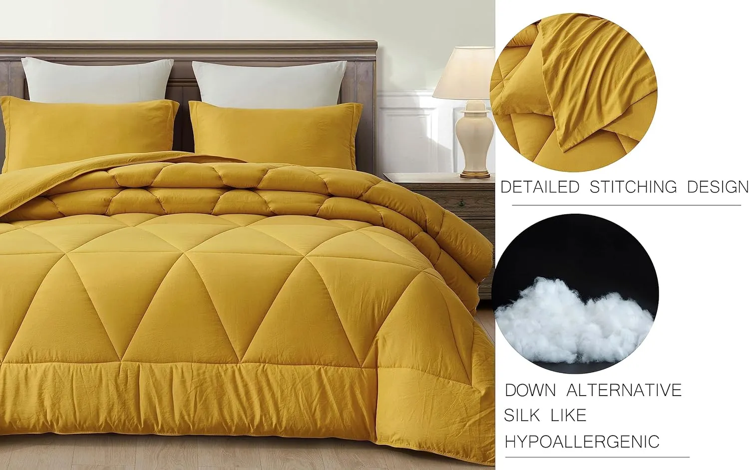 Chezmoi Collection Rory Mustard Yellow Comforter Set Queen Size 3-Piece Fluffy Soft Lightweight Bedding Triangle Quilted Stone-Washed Microfiber Comforter Set for All Season