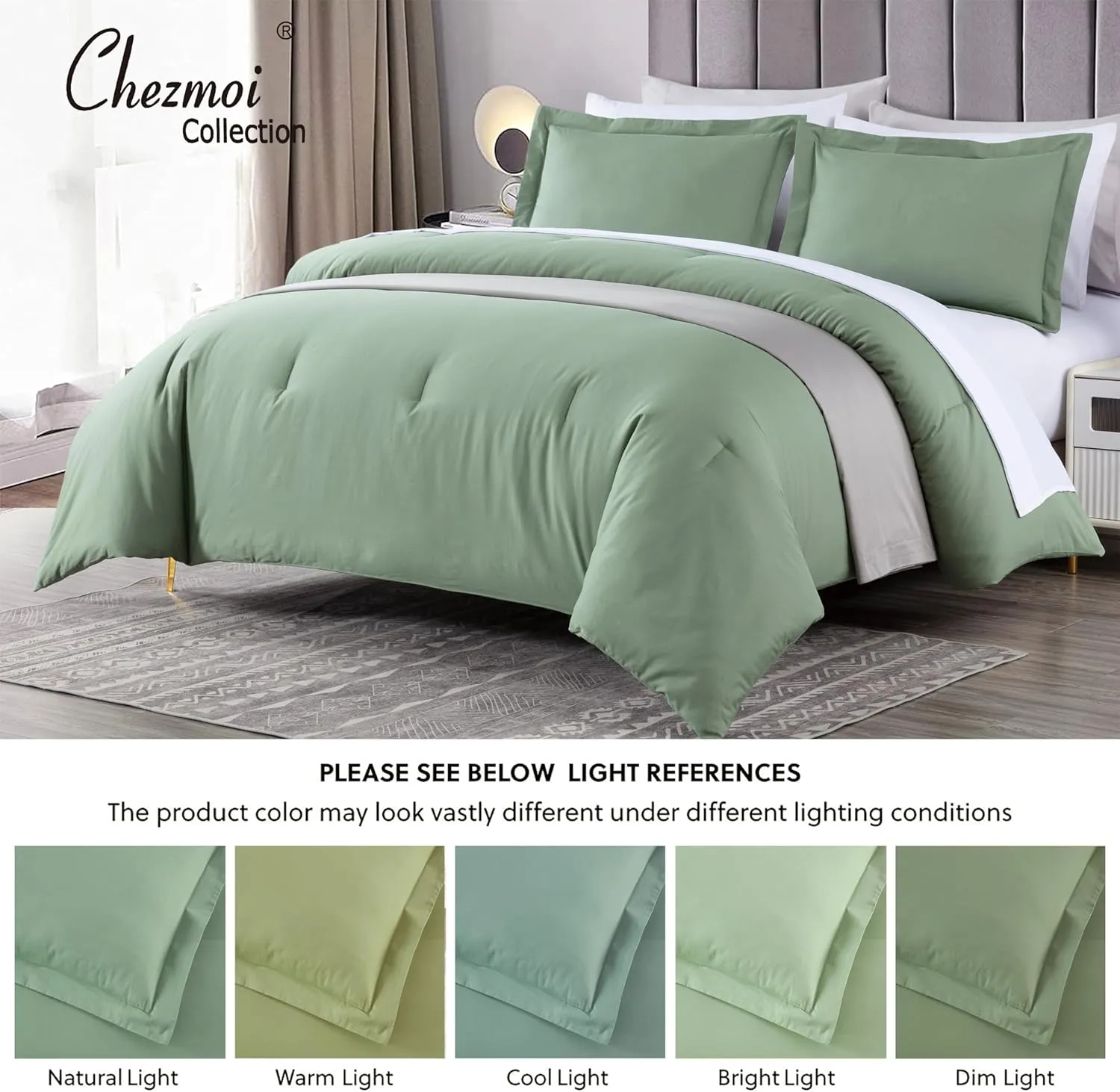 Chezmoi Collection Solid Sage Green Cotton Comforter Set King Size, 3-Piece Luxury Soft Breathable Smooth Cooling 250TC Cotton Twill Lightweight Bedding Comforter for All Season