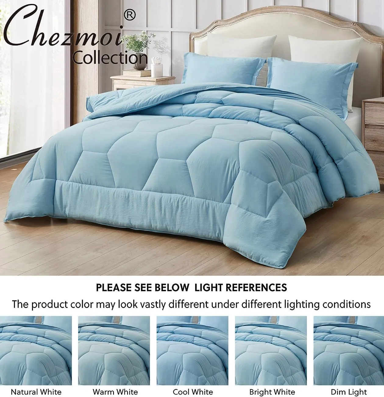 Chezmoi Collection Vero Chambray Blue Comforter Set Oversized King Size 3-Piece Fluffy Soft Lightweight Bedding Honeycomb Geometric Stone-Washed Microfiber Comforter Set for All Season