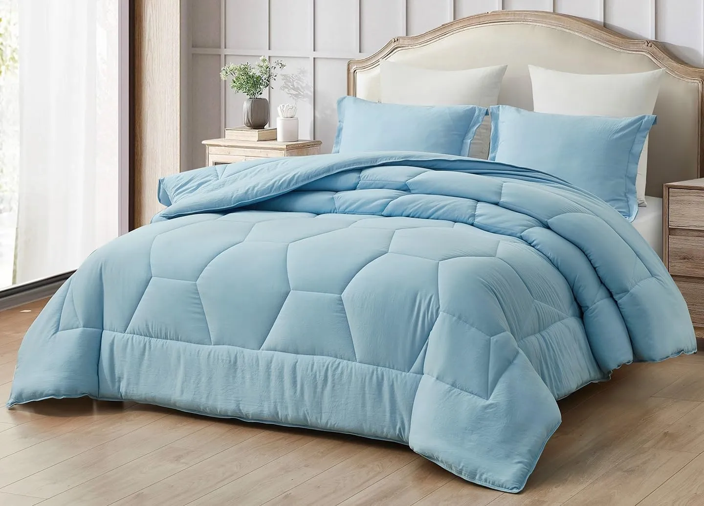 Chezmoi Collection Vero Chambray Blue Comforter Set Oversized King Size 3-Piece Fluffy Soft Lightweight Bedding Honeycomb Geometric Stone-Washed Microfiber Comforter Set for All Season