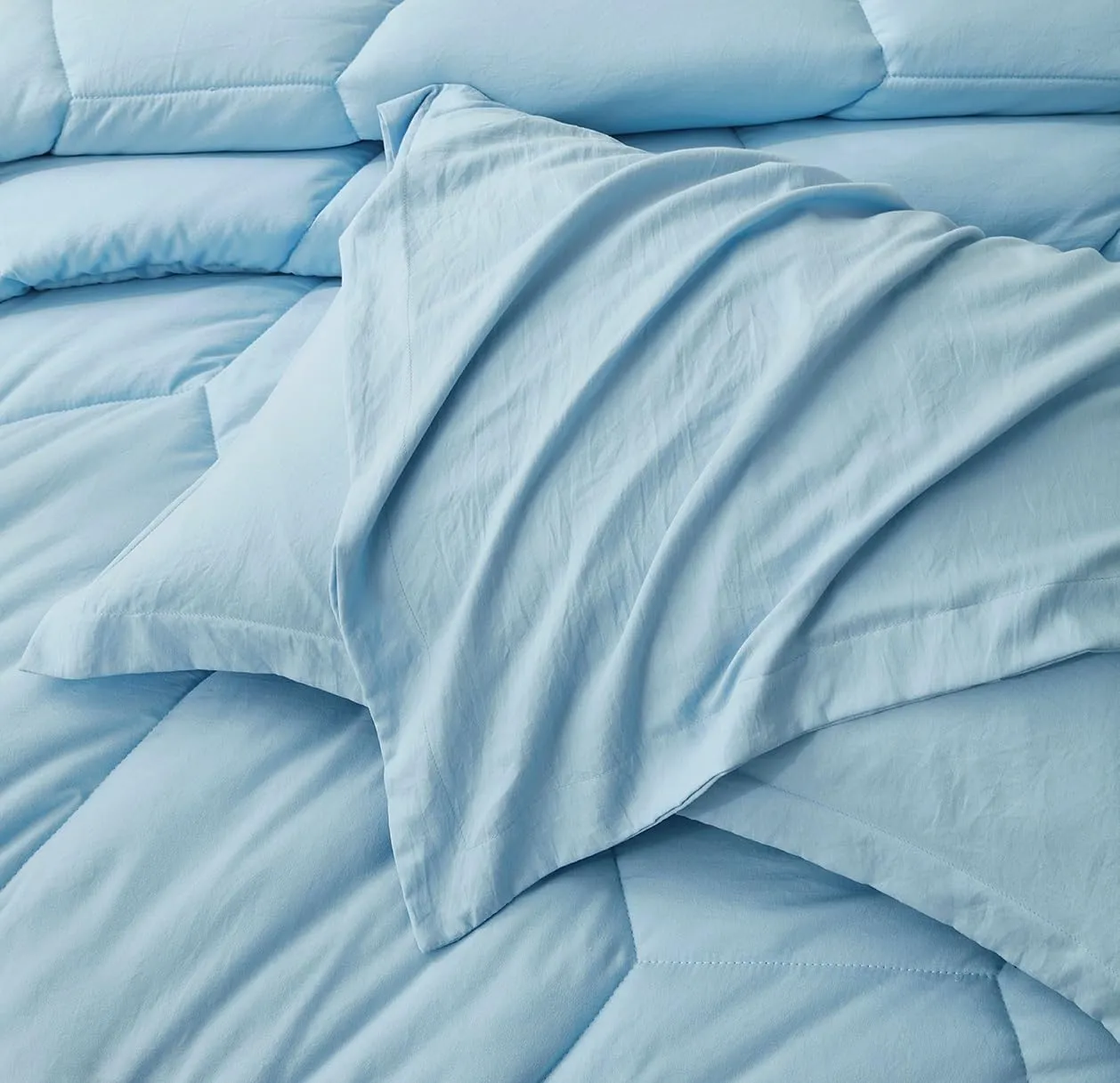 Chezmoi Collection Vero Chambray Blue Comforter Set Oversized King Size 3-Piece Fluffy Soft Lightweight Bedding Honeycomb Geometric Stone-Washed Microfiber Comforter Set for All Season