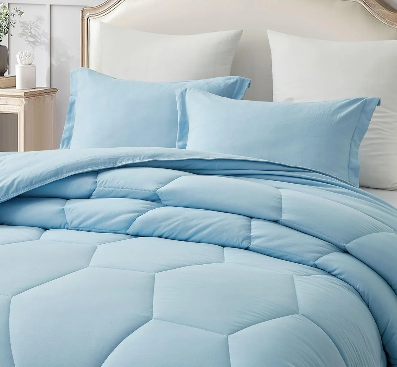 Chezmoi Collection Vero Chambray Blue Comforter Set Oversized King Size 3-Piece Fluffy Soft Lightweight Bedding Honeycomb Geometric Stone-Washed Microfiber Comforter Set for All Season