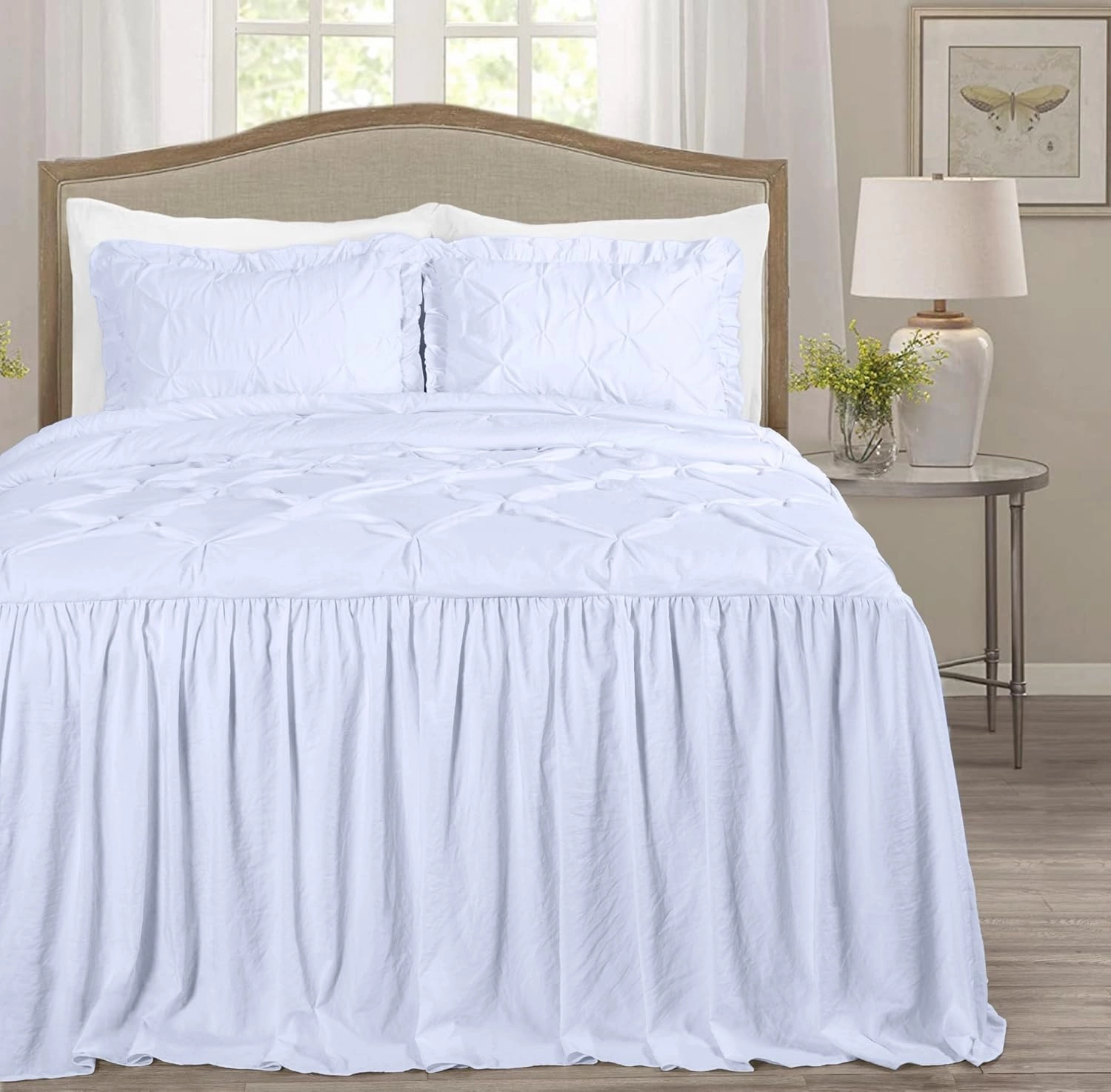 Chezmoi Collection Aria 3-Piece Pinch Pleat Pintuck Ruffle Skirt Bedspread Set - French Country Chic Farmhouse - Queen, White