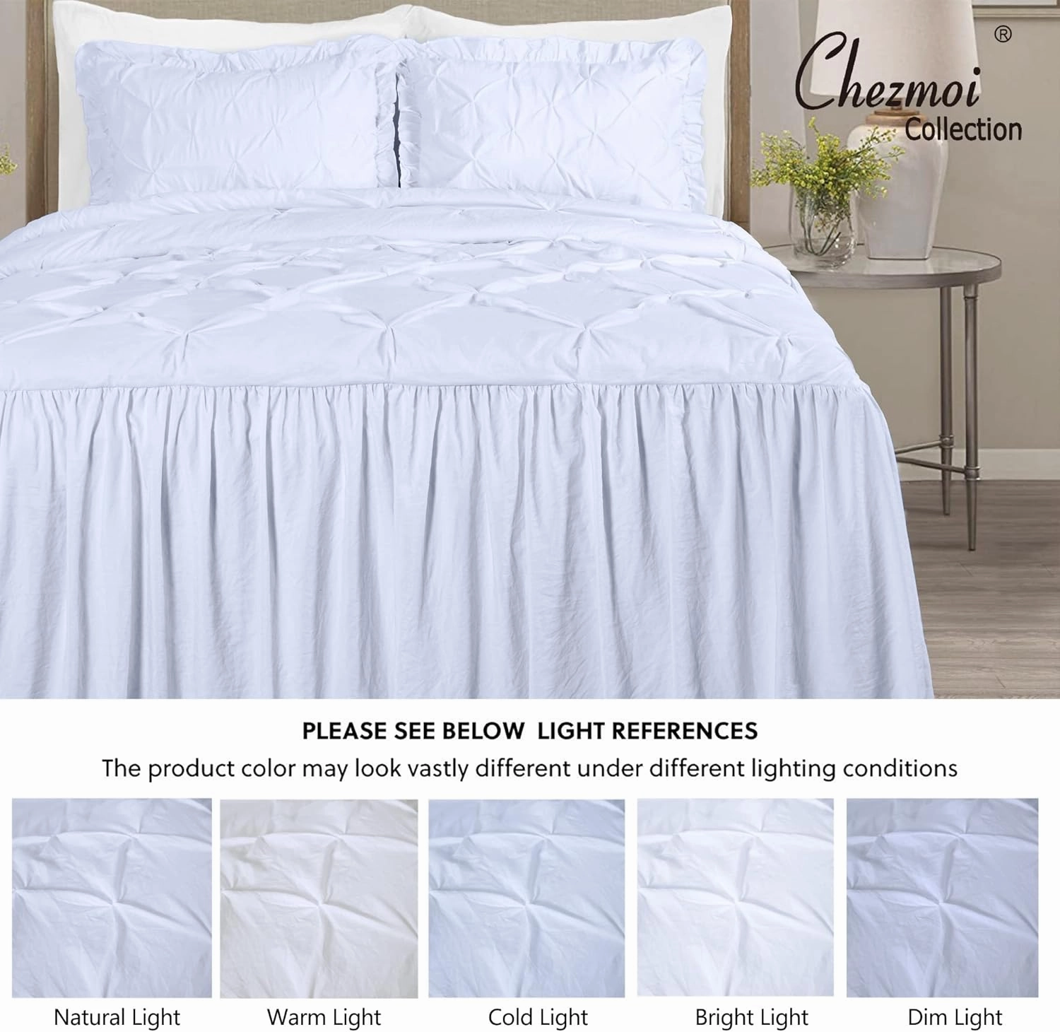 Chezmoi Collection Aria 3-Piece Pinch Pleat Pintuck Ruffle Skirt Bedspread Set - French Country Chic Farmhouse - Queen, White
