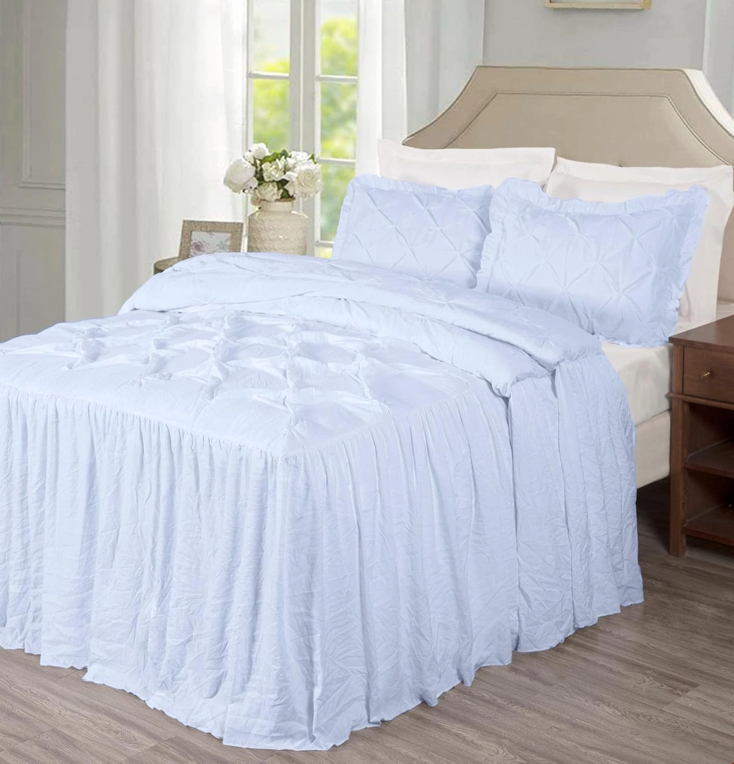 Chezmoi Collection Aria 3-Piece Pinch Pleat Pintuck Ruffle Skirt Bedspread Set - French Country Chic Farmhouse - Queen, White