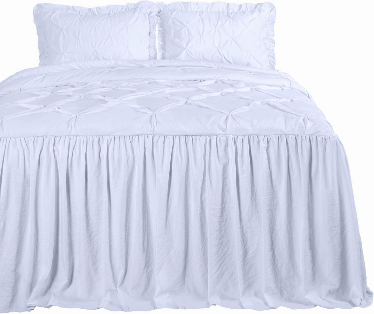 Chezmoi Collection Aria 3-Piece Pinch Pleat Pintuck Ruffle Skirt Bedspread Set - French Country Chic Farmhouse - Queen, White