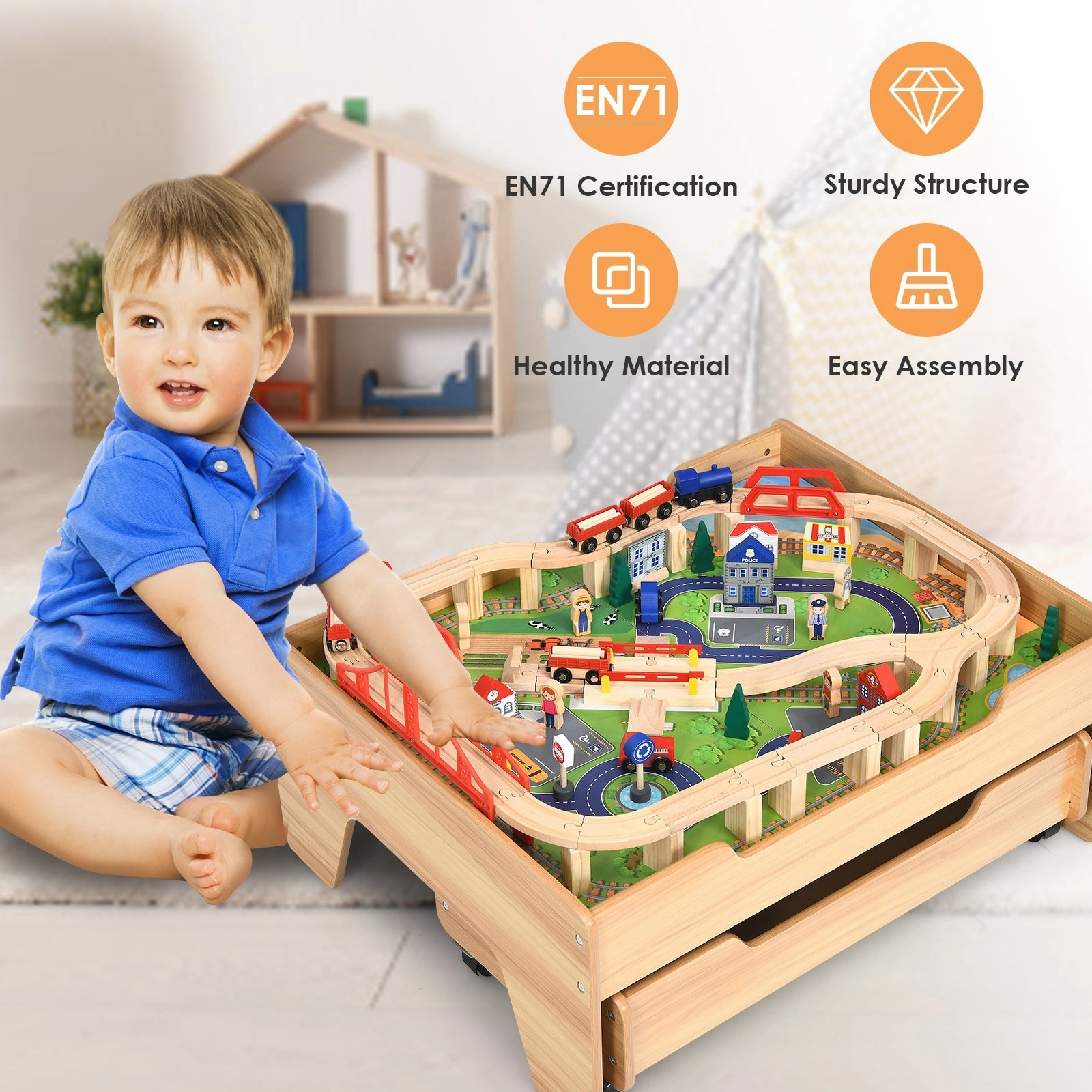 Children's Wooden Railway Set Table with 100 Pieces Storage Drawers