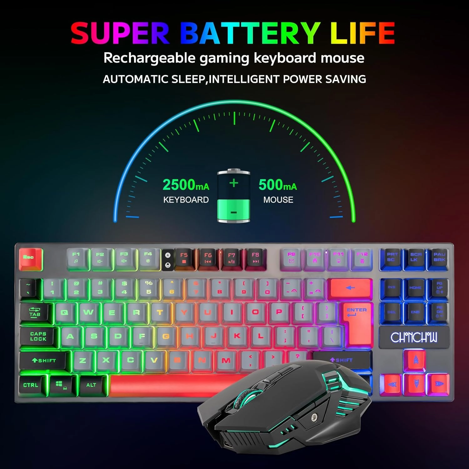 CHONCHOW Rechargeable Wireless Keyboard and Mouse Combo Gaming Set,Red/Black/Grey Colored LED RGB Backlit 2500 500mAH Battery 3200DPI 2 Side-Button,Compatible with Xbox one Slim ps4 Windows Linux