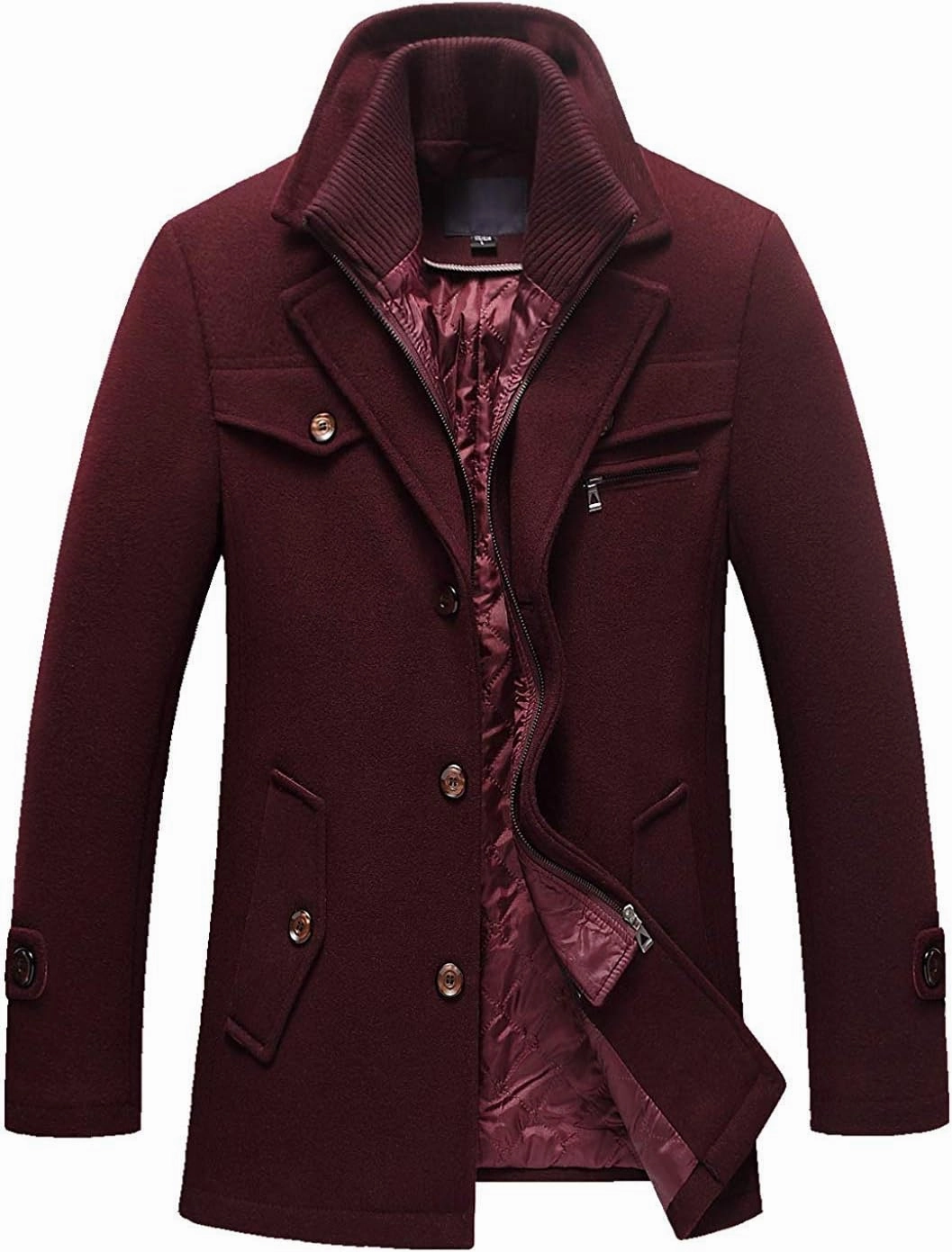 chouyatou Men's Gentle Layered Collar Single Breasted Quilted Lined Wool Blend Pea Coats