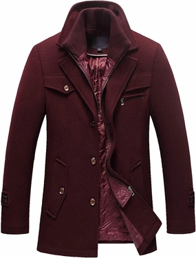 chouyatou Men's Gentle Layered Collar Single Breasted Quilted Lined Wool Blend Pea Coats