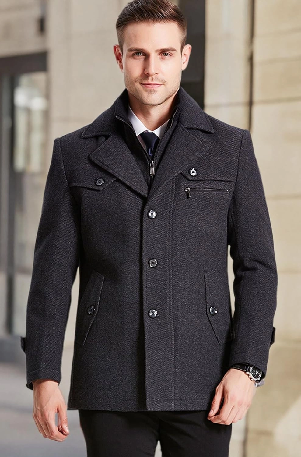 chouyatou Men's Gentle Layered Collar Single Breasted Quilted Lined Wool Blend Pea Coats