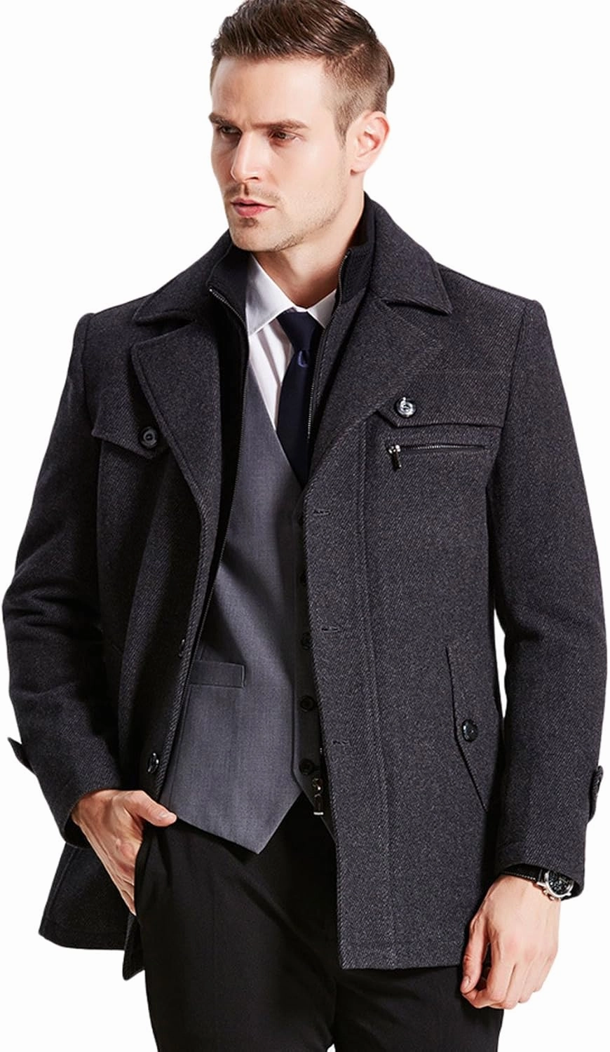 chouyatou Men's Gentle Layered Collar Single Breasted Quilted Lined Wool Blend Pea Coats