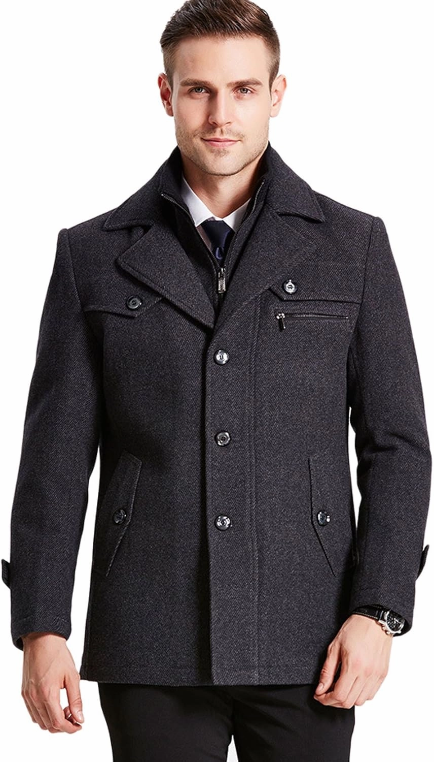 chouyatou Men's Gentle Layered Collar Single Breasted Quilted Lined Wool Blend Pea Coats