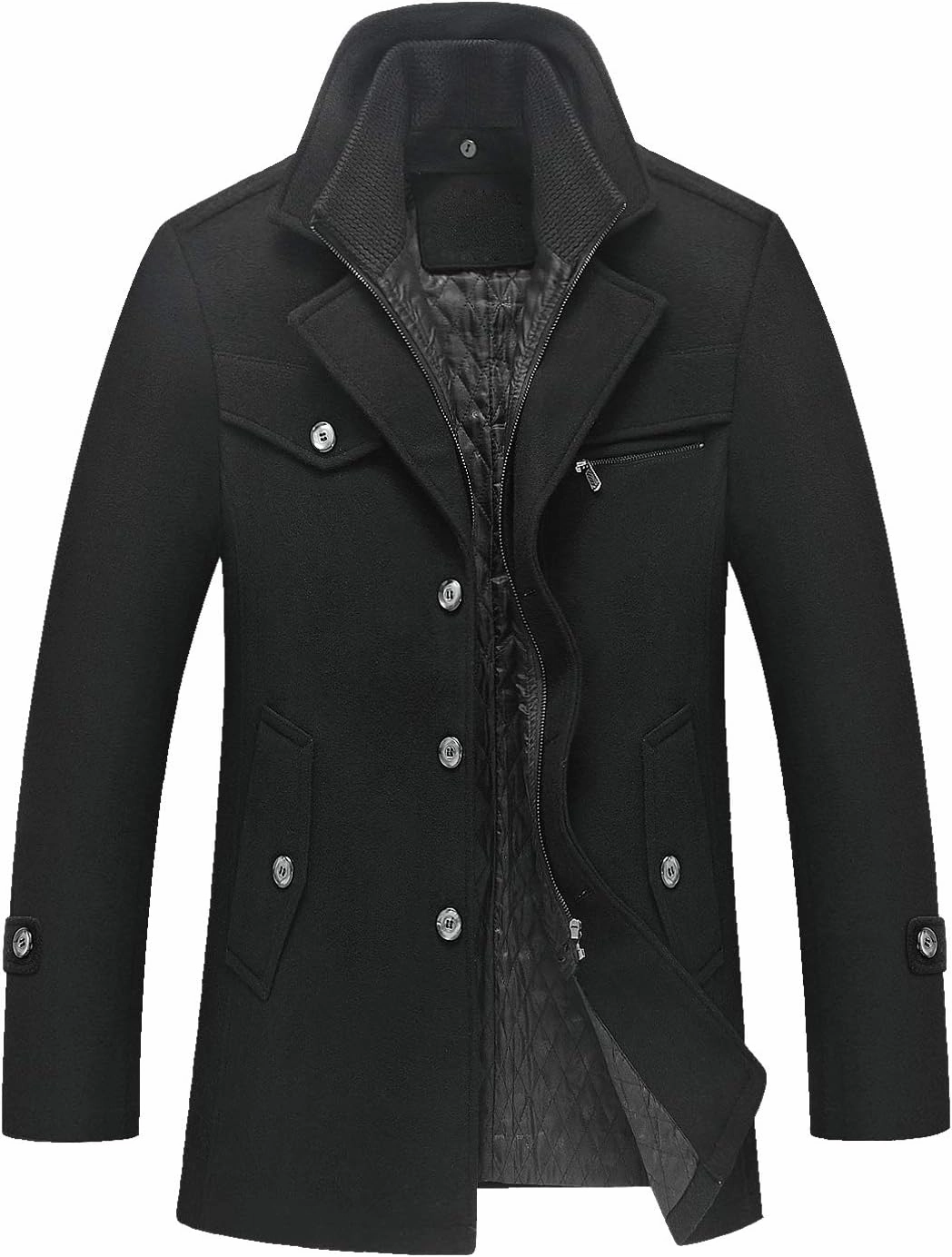 chouyatou Men's Gentle Layered Collar Single Breasted Quilted Lined Wool Blend Pea Coats
